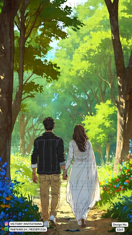 A digital illustration of a couple holding hands and walking away down a sunlit forest path, surrounded by lush green trees and colorful wildflowers. The man wears a dark denim jacket and tan pants, while the woman wears a long white dress.