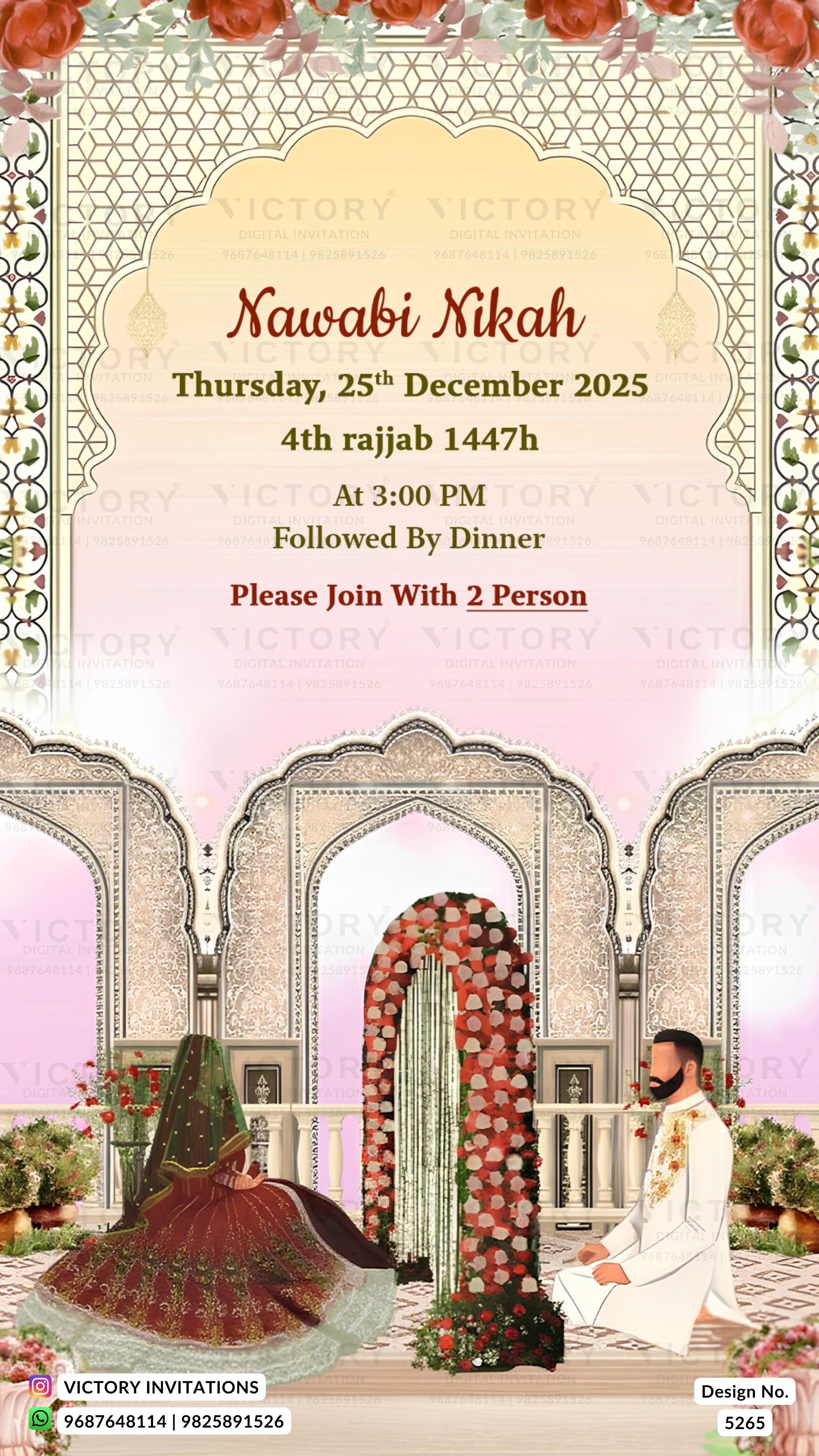 A digital preview of an Islamic wedding invitation card for a 'Kawabi Nikah' event, featuring traditional Indian architectural arches, a floral archway, and a couple in traditional attire, with text detailing the event date and time.