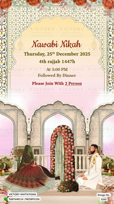 A digital preview of an Islamic wedding invitation card for a 'Kawabi Nikah' event, featuring traditional Indian architectural arches, a floral archway, and a couple in traditional attire, with text detailing the event date and time.