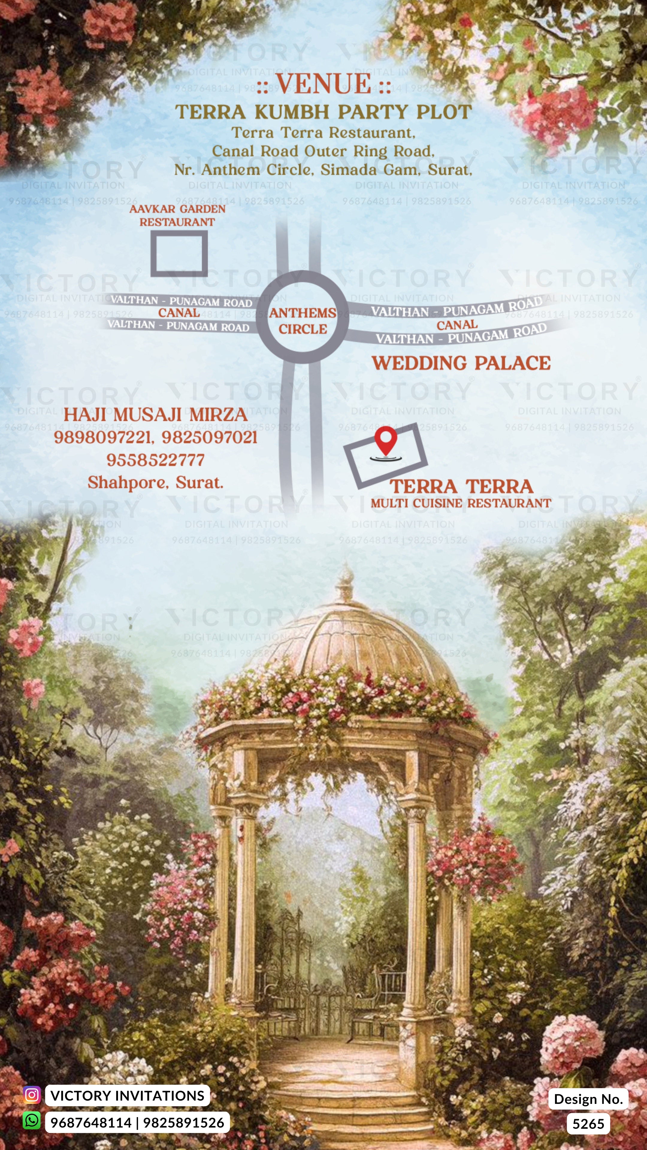 A wedding invitation card featuring an illustration of a garden gazebo surrounded by pink flowers and lush greenery, with event details and venue information printed in text.