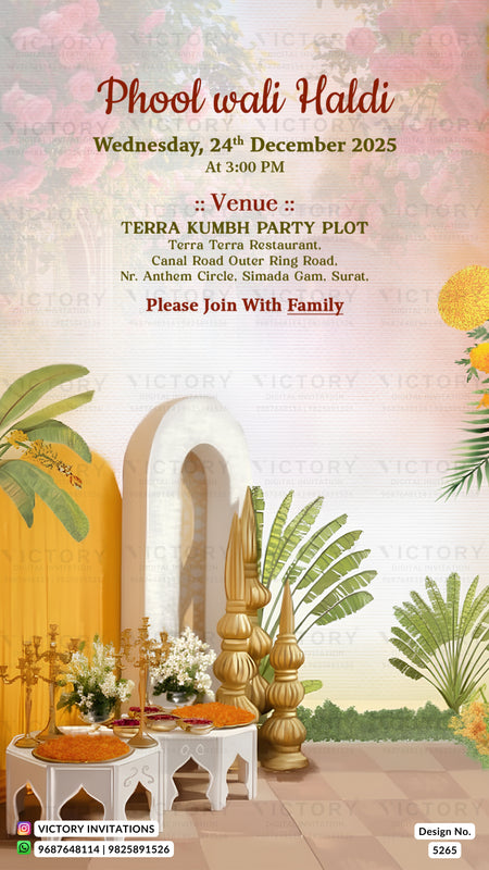 A digital invitation card for a 'Phool wali Haldi' event, featuring a tropical-themed illustration of an archway, gold decorative pillars, and tables with flowers. The text details the event date, time, and venue on a pastel pink and yellow background.