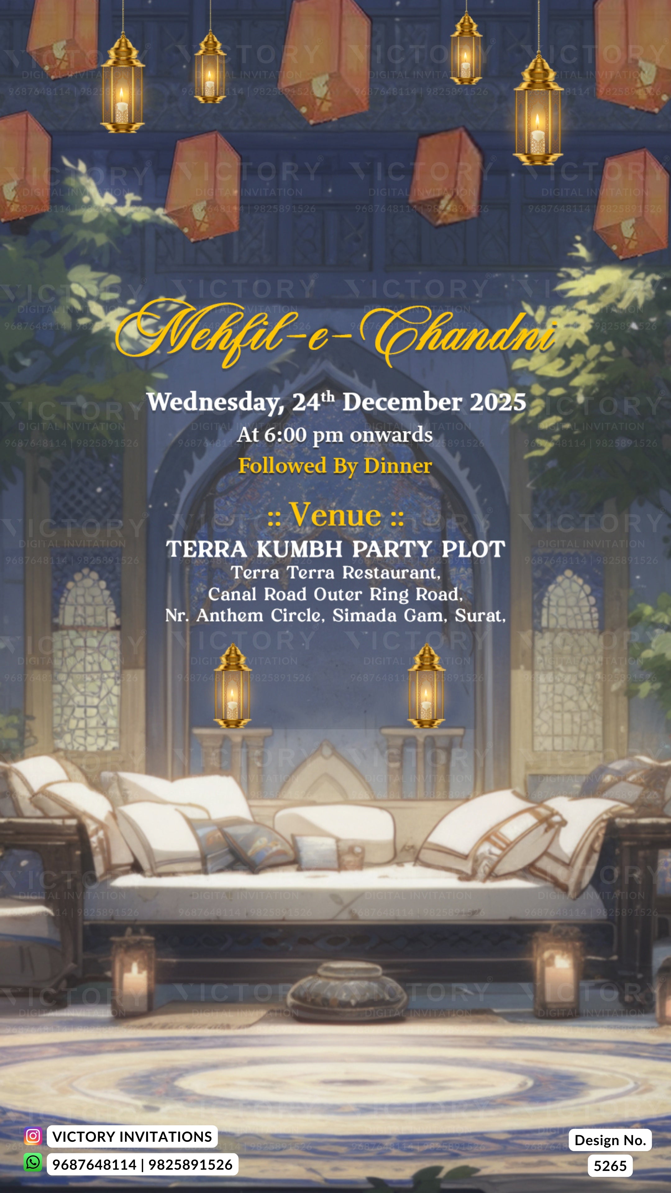 A digital invitation card for an event named 'Mehfil-e-Chandni' at 'Terra Kumbh Party Plot', featuring a stylized background of a traditional Indian courtyard with hanging lanterns, a sofa, and a blue arched doorway.