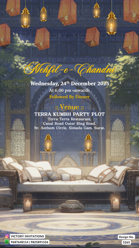 A digital invitation card for an event named 'Mehfil-e-Chandni' at 'Terra Kumbh Party Plot', featuring a stylized background of a traditional Indian courtyard with hanging lanterns, a sofa, and a blue arched doorway.