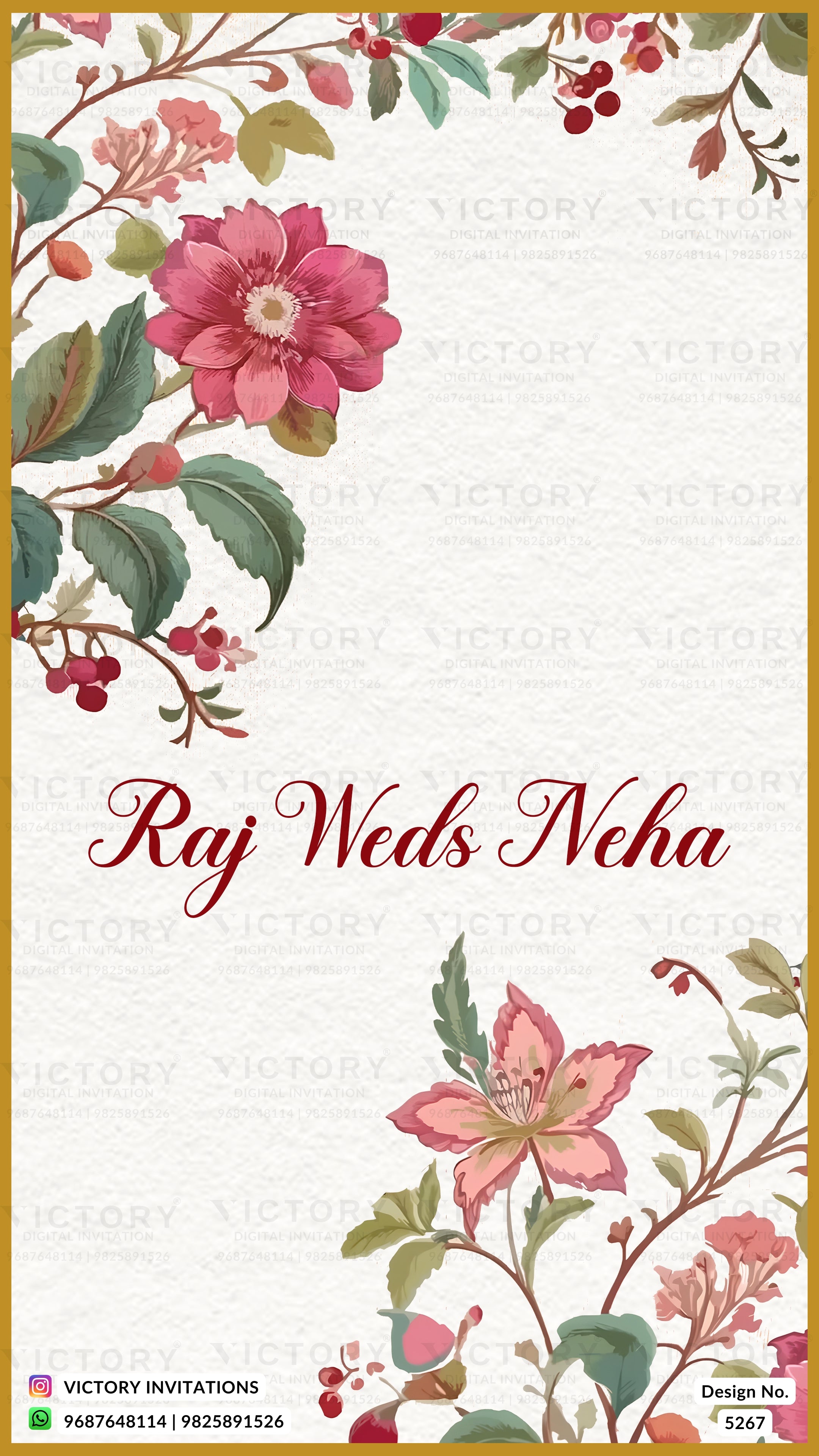 A wedding invitation card design featuring a cream textured background, watercolor floral illustrations in pink, red, and green, and elegant cursive text reading 'Raj Weds Neha'.