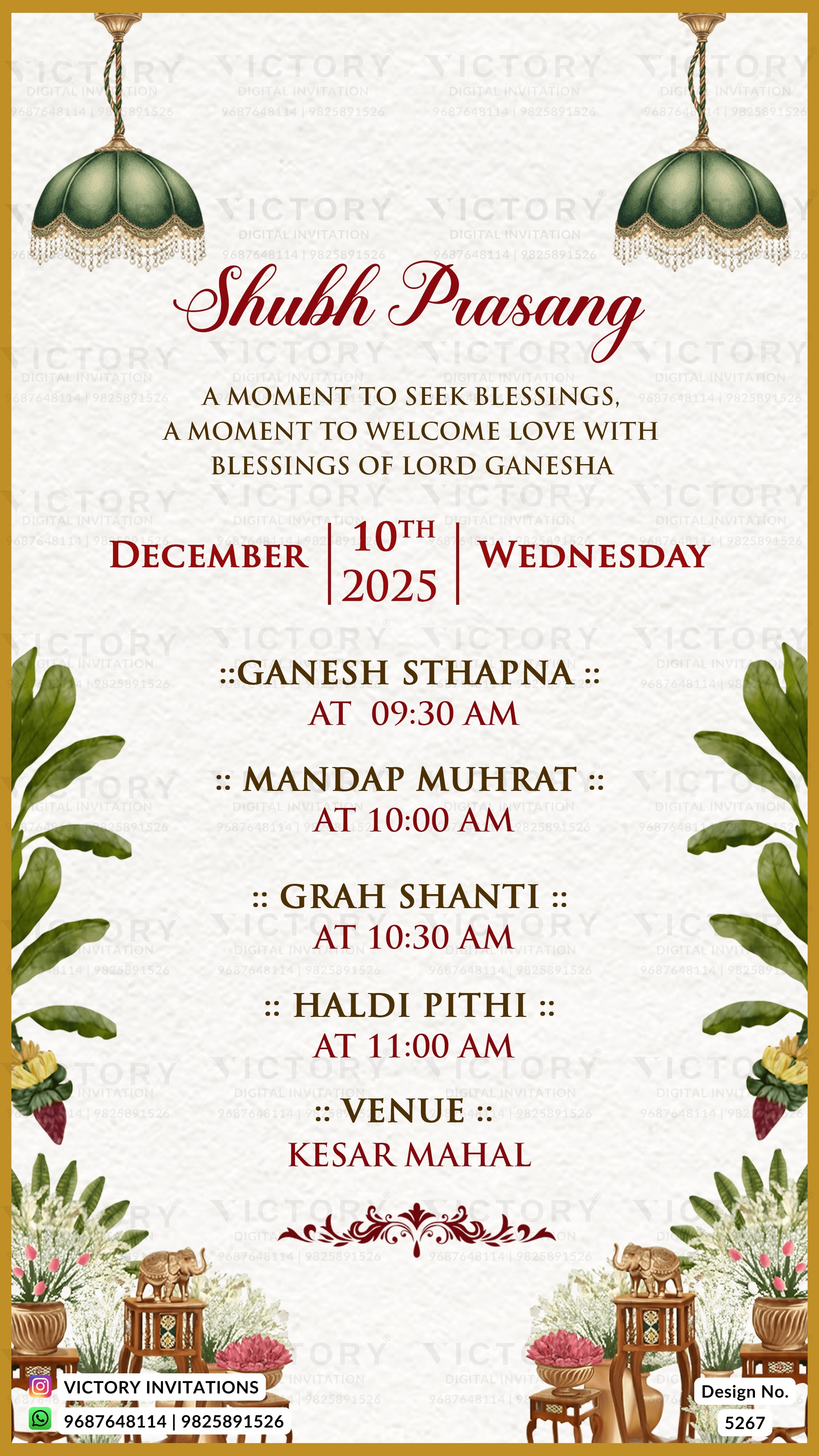 A digital invitation card for a Shubh Prasang (Ganesh Sthapna) wedding ceremony, featuring a cream-colored background with elegant red and black text, decorated with hanging green lamps, floral borders, and traditional Indian elements at the bottom.