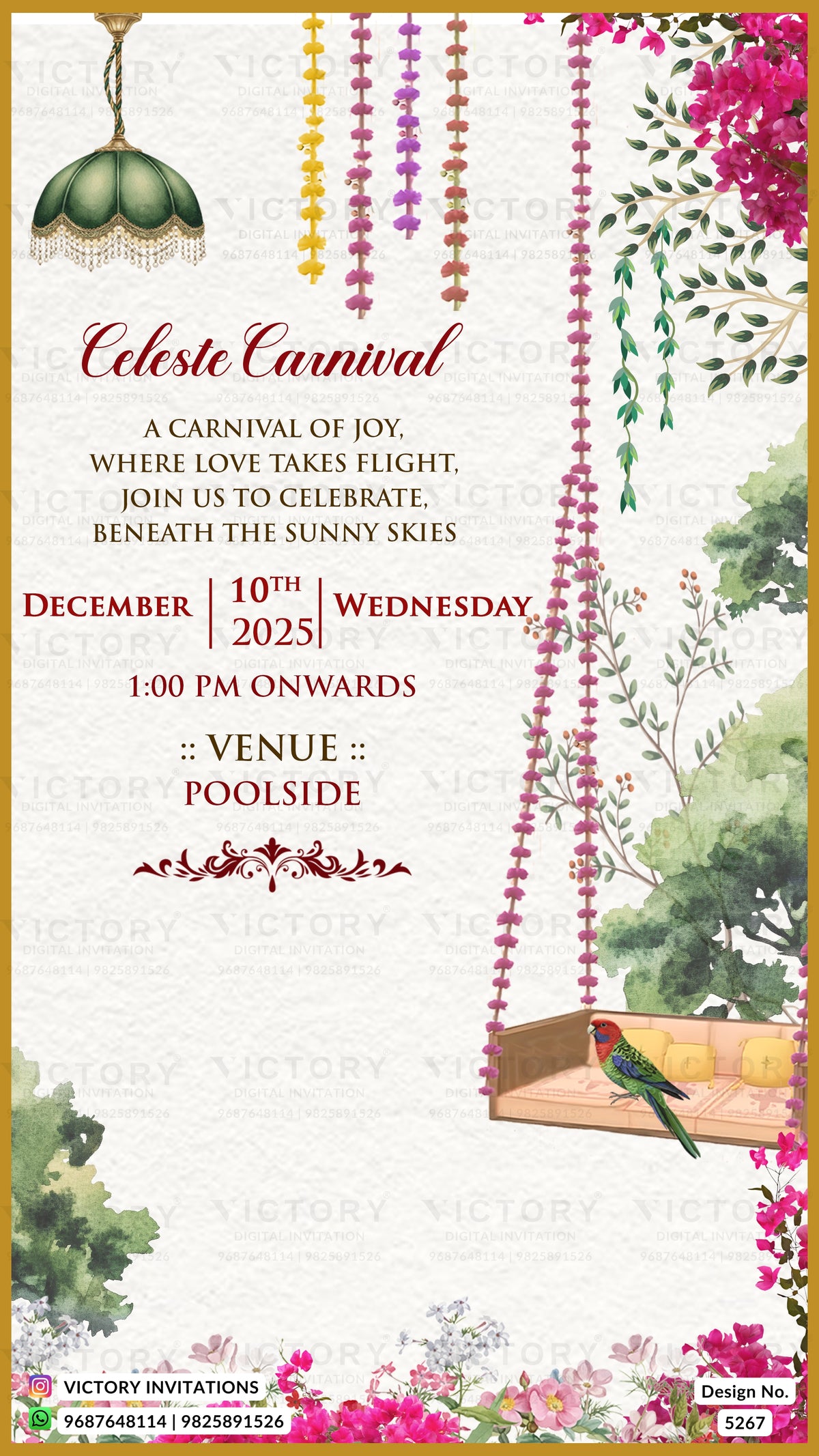 A festive carnival invitation card design for 'Celeste Carnival' with watercolor illustrations of hanging flower garlands, a hanging green lamp, pink flowers, a bird in a swing, and event details on a textured cream background.