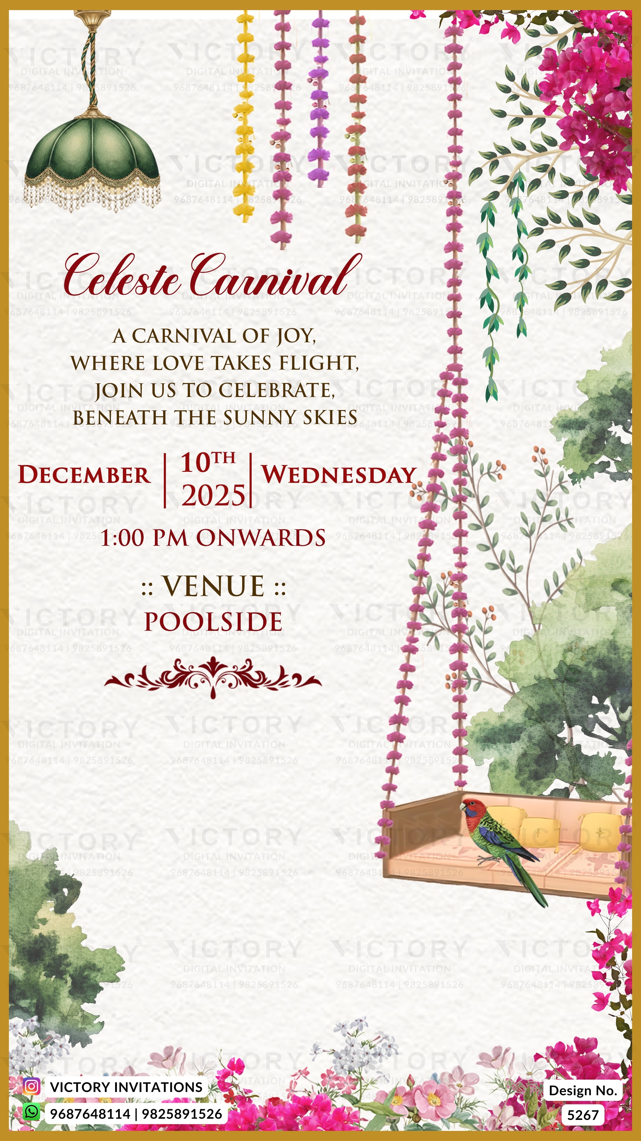 A festive carnival invitation card design for 'Celeste Carnival' with watercolor illustrations of hanging flower garlands, a hanging green lamp, pink flowers, a bird in a swing, and event details on a textured cream background.
