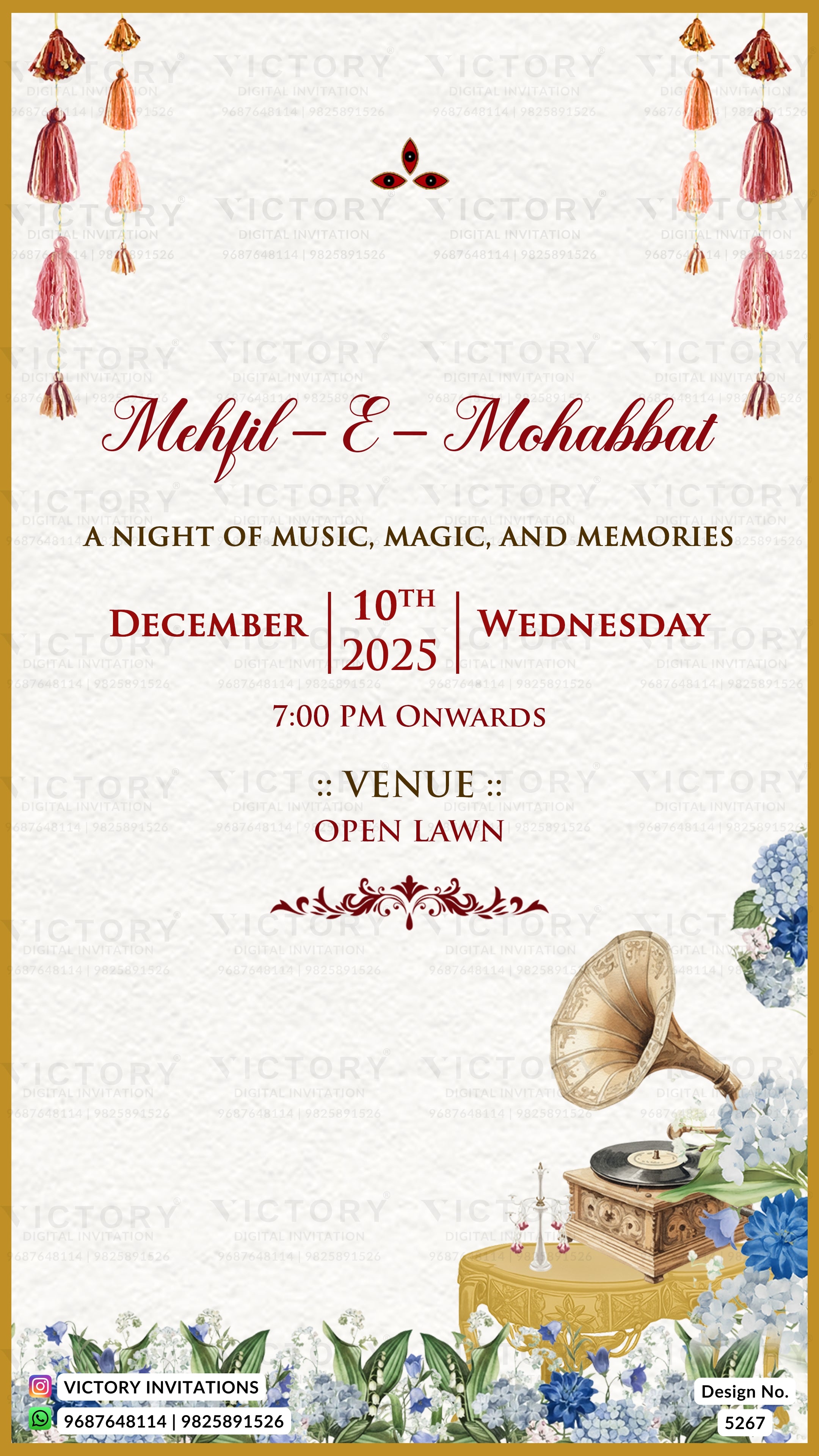 A decorative event invitation card for 'Mehfil - E - Mohabbat' featuring a vintage gramophone, blue flowers, hanging tassels, and elegant red typography on a textured cream background with a gold border.