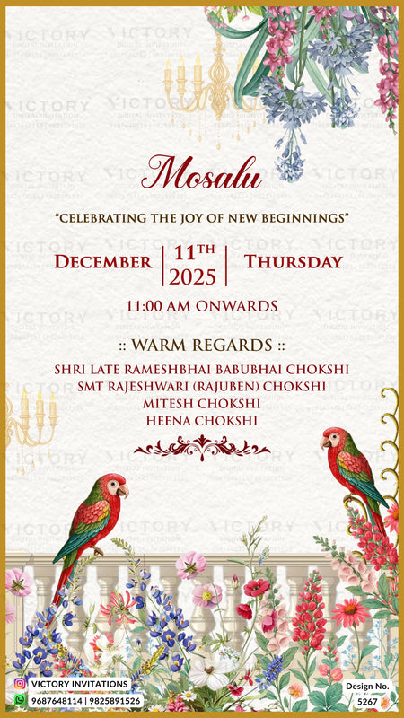 A festive wedding invitation card for 'Mosalu' celebrating a new beginning, dated December 11th, 2025. The card features a cream-colored background with elegant red and black typography, decorated with watercolor illustrations of parrots, flowers, and candles.