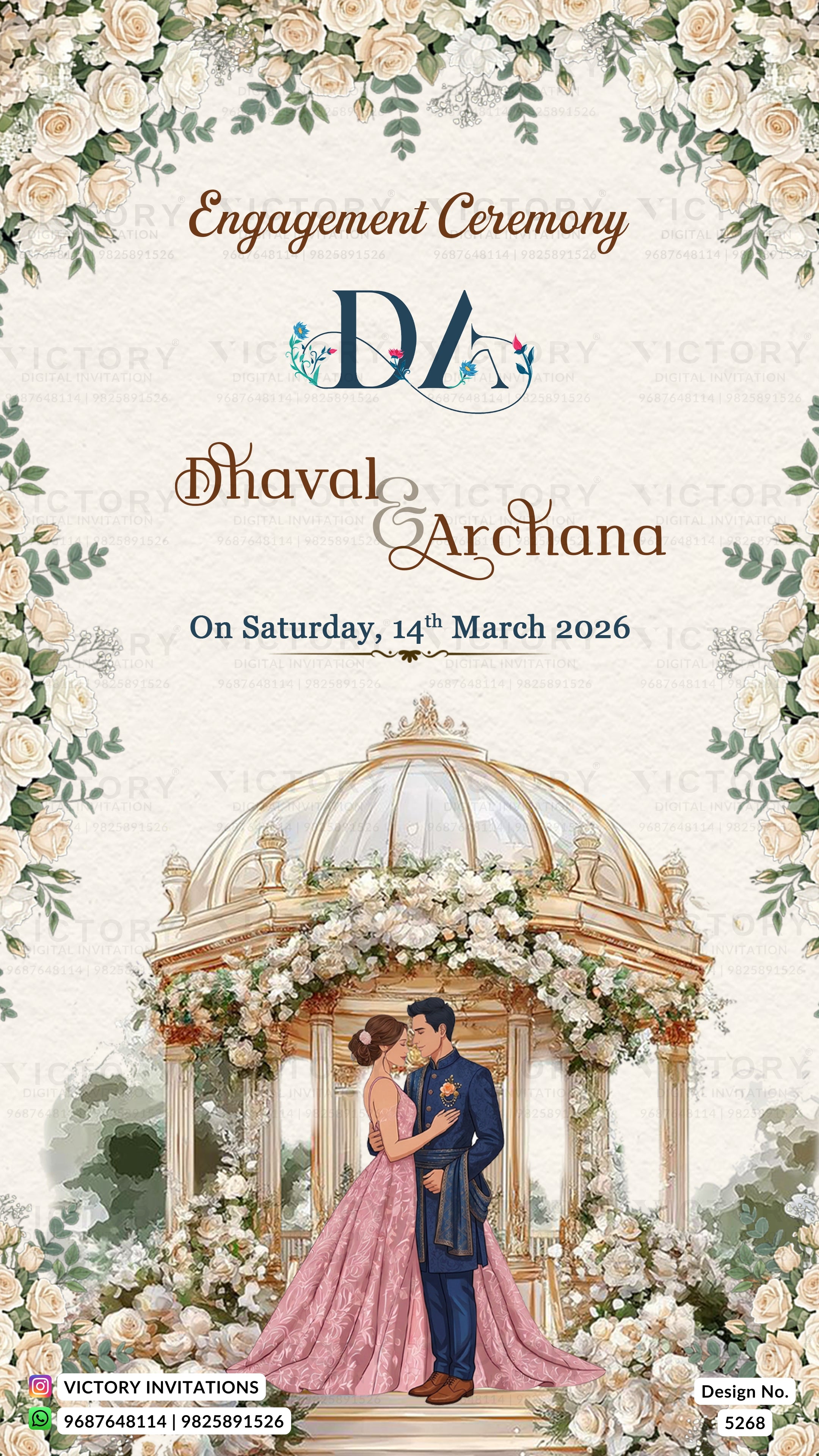 Engagement ceremony invitation card featuring a watercolor illustration of a bride and groom under a floral canopy, surrounded by a cream background with white roses and green leaves. Text reads 'Engagement Ceremony', 'DA', 'Dhaval & Archana', and 'On Saturday, 14th March 2026'.