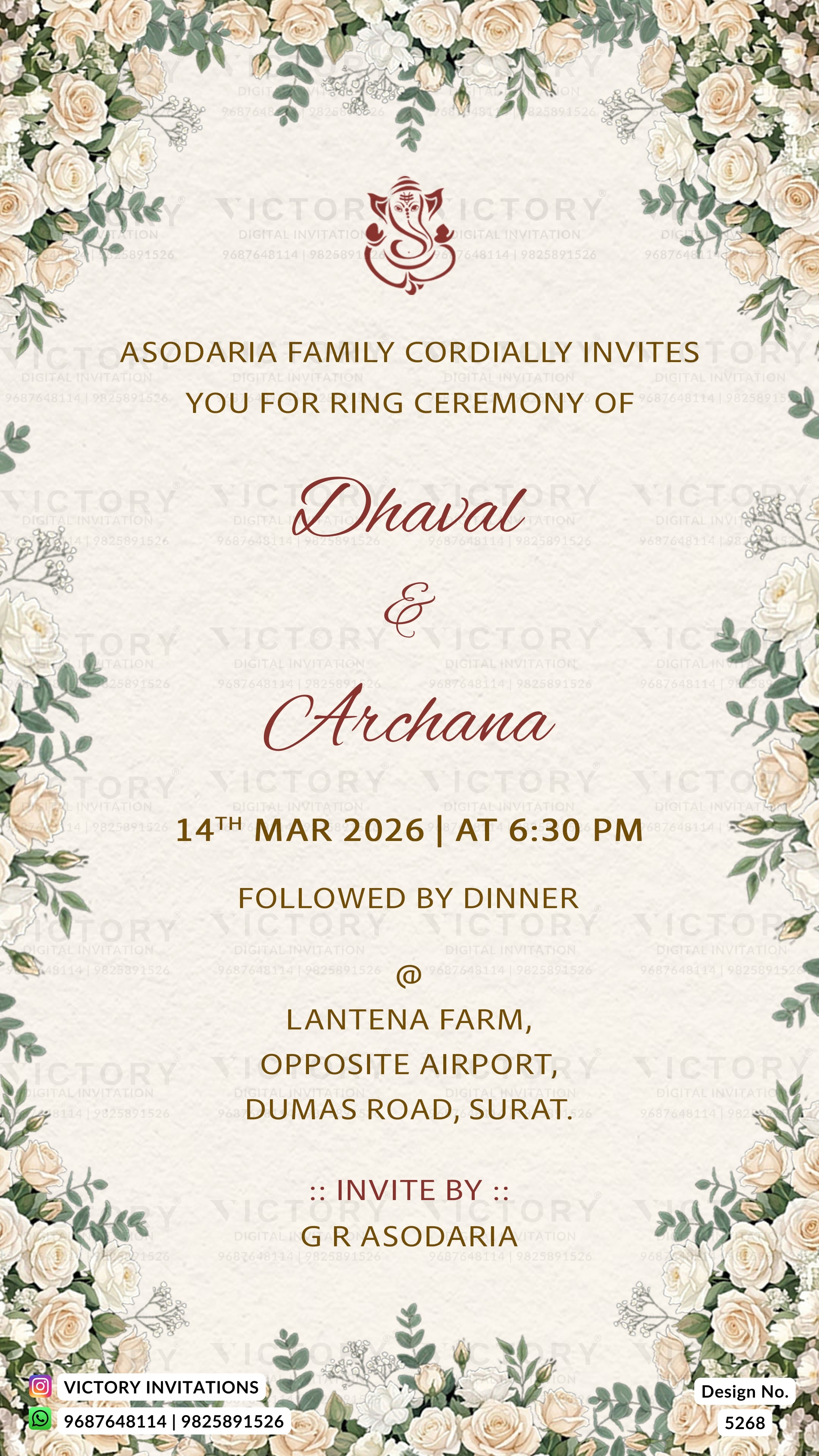 A vertical ring ceremony invitation card with a cream background, floral border in soft pink and green, and elegant gold and maroon text. The card reads: 'Asodaria Family cordially invites you for ring ceremony of Dhaval & Archana, 14th Mar 2026 at 6:30 PM.