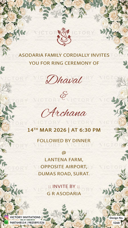 A vertical ring ceremony invitation card with a cream background, floral border in soft pink and green, and elegant gold and maroon text. The card reads: 'Asodaria Family cordially invites you for ring ceremony of Dhaval & Archana, 14th Mar 2026 at 6:30 PM.