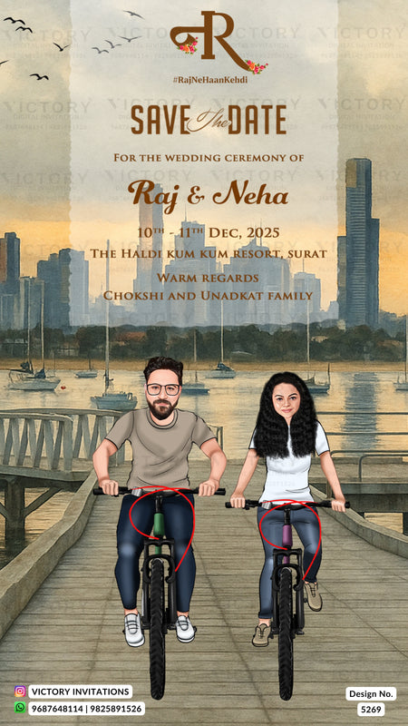 Custom wedding save the date card featuring a cartoon illustration of a couple riding bicycles on a wooden boardwalk over water, with a city skyline in the background. The text reads 'SAVE THE DATE FOR THE WEDDING CEREMONY OF Raj & Neha' with event details and the Victory Invitations logo at the bottom.