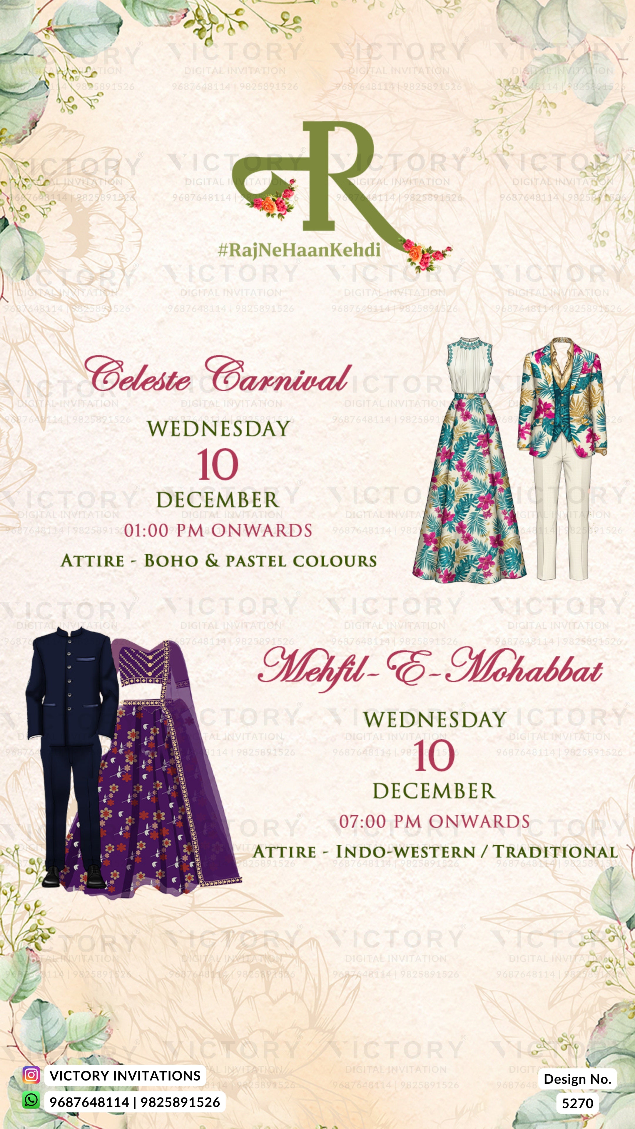 A promotional invitation card for a wedding event, featuring two fashion shows: 'Celeste Carnival' with boho and pastel-colored attire, and 'Mehtli & Mohabbat' with indo-Western and traditional attire. The card has a cream background with floral borders, a green monogram logo, and event details in red and black text.