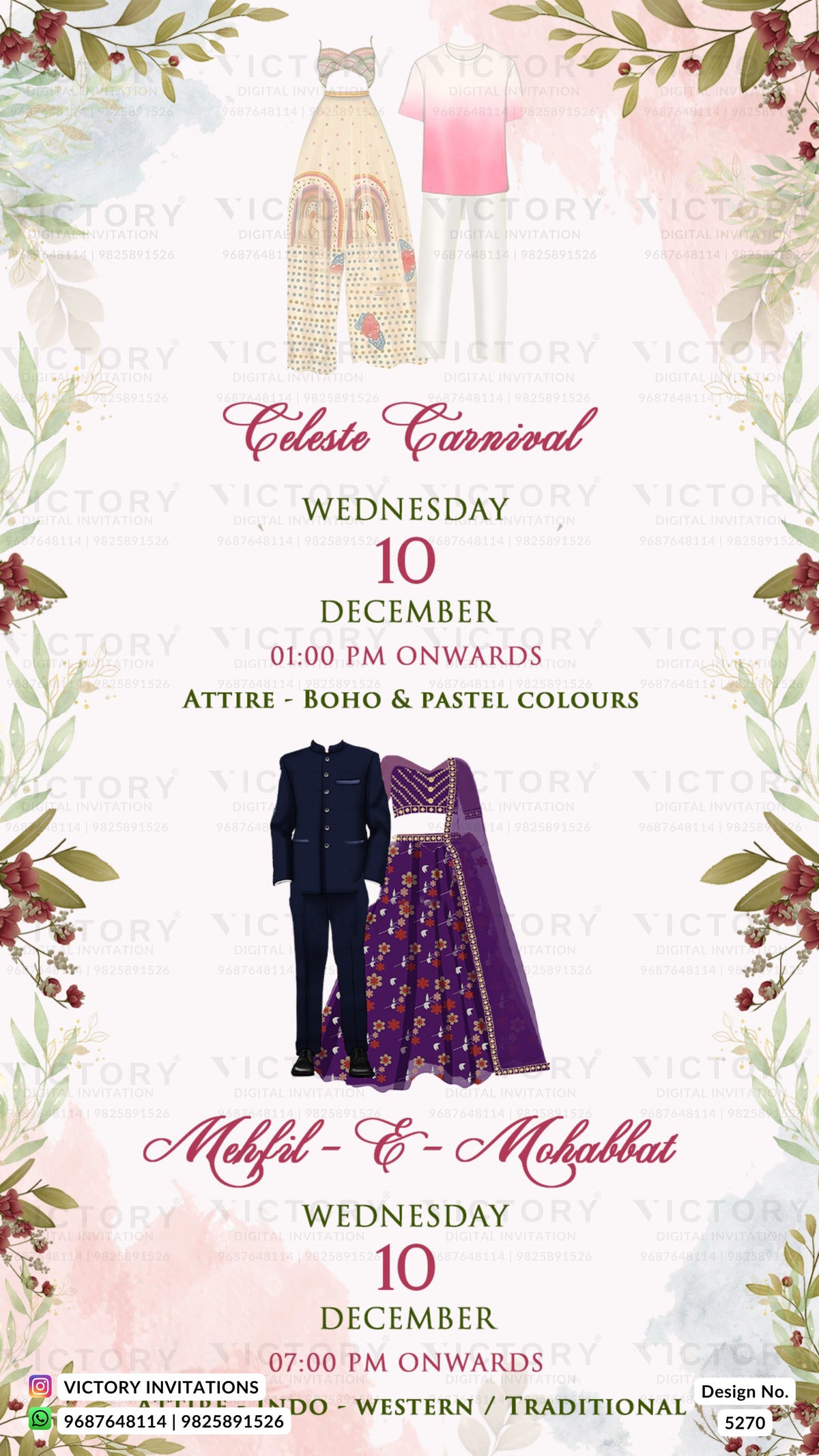 A digital invitation card for 'Celeste Carnival' and 'Mehfil & Mehkabbat' on Wednesday, 10th December. The design features watercolor illustrations of traditional Indian clothing, including a beige kurta and a pink top, a navy blue suit, and a purple embroidered lehenga.
