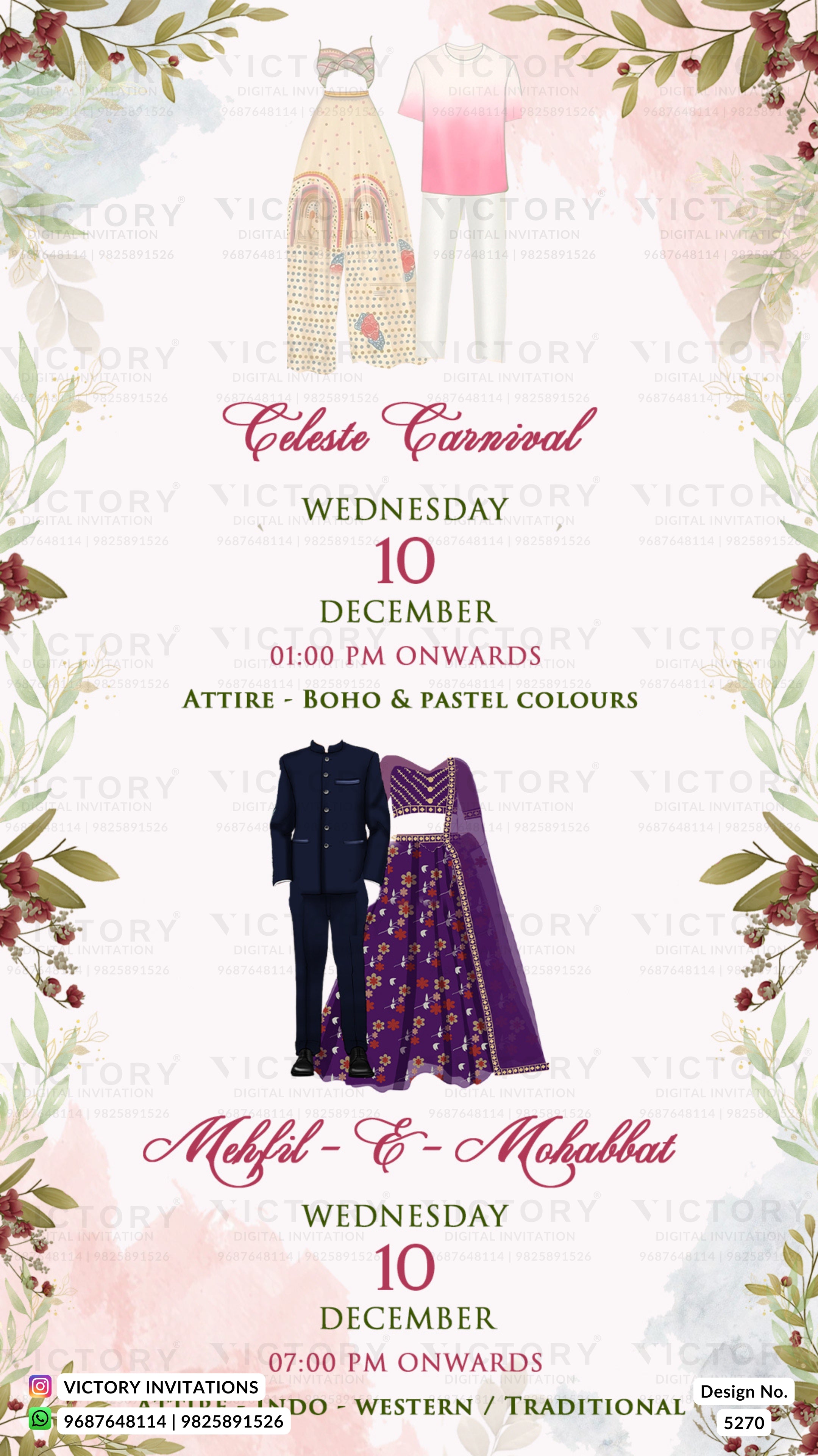 A digital invitation card for 'Celeste Carnival' and 'Mehfil & Mehkabbat' on Wednesday, 10th December. The design features watercolor illustrations of traditional Indian clothing, including a beige kurta and a pink top, a navy blue suit, and a purple embroidered lehenga.