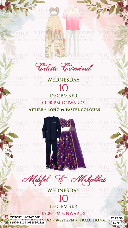 A digital invitation card for 'Celeste Carnival' and 'Mehfil & Mehkabbat' on Wednesday, 10th December. The design features watercolor illustrations of traditional Indian clothing, including a beige kurta and a pink top, a navy blue suit, and a purple embroidered lehenga.