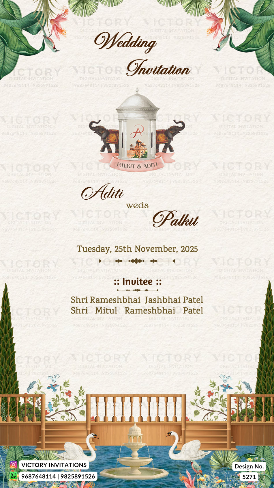 Wedding ceremony invitation card of hindu Royal Palace Heritage & Botanical Elegance in english language with floral theme design 5271