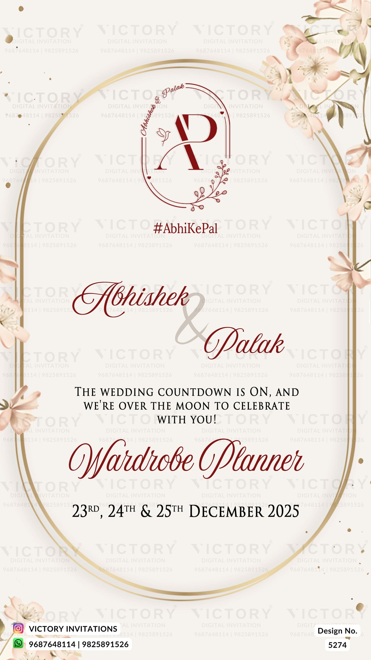 Wedding countdown card design for Abhishek and Palka, featuring elegant red script text, a gold oval border, floral corner accents, and a monogram logo at the top. The card includes event details for December 23rd, 24th, and 25th, 2025, with Victory Invitations branding at the bottom.