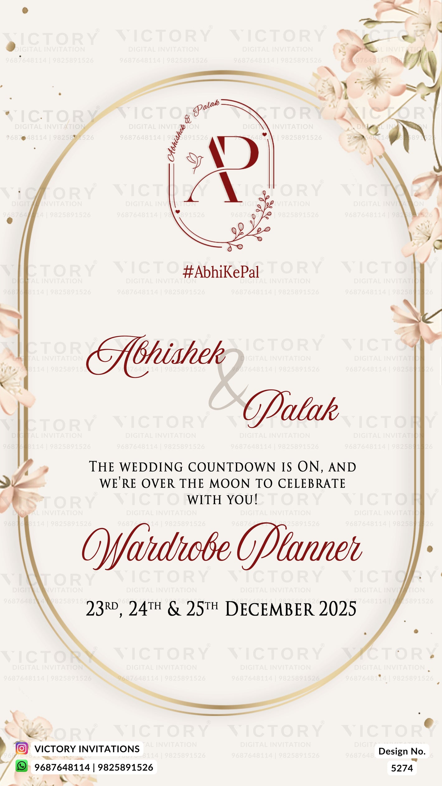 Wedding countdown card design for Abhishek and Palka, featuring elegant red script text, a gold oval border, floral corner accents, and a monogram logo at the top. The card includes event details for December 23rd, 24th, and 25th, 2025, with Victory Invitations branding at the bottom.