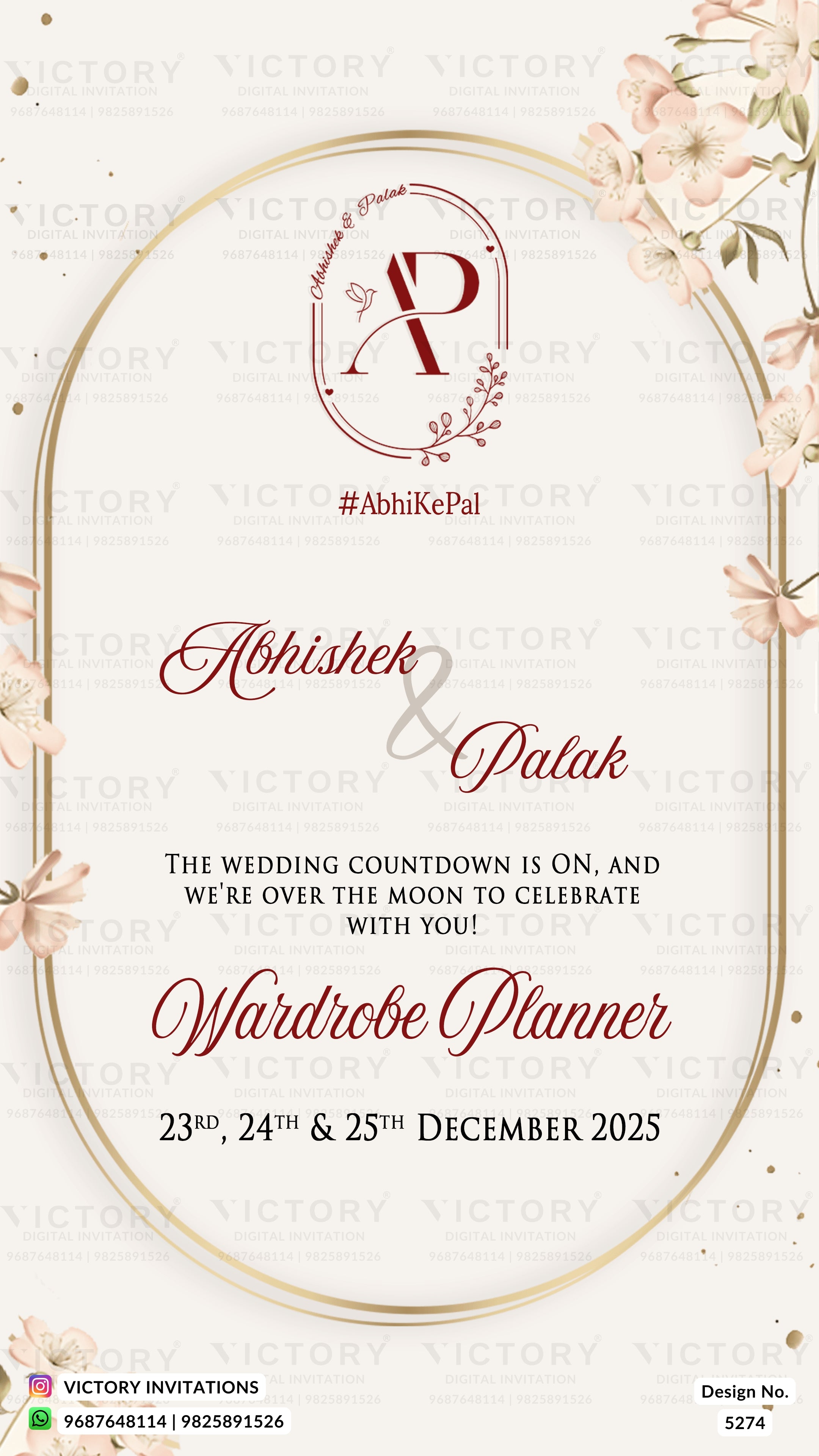 Wedding countdown card design for Abhishek and Palka, featuring elegant red script text, a gold oval border, floral corner accents, and a monogram logo at the top. The card includes event details for December 23rd, 24th, and 25th, 2025, with Victory Invitations branding at the bottom.