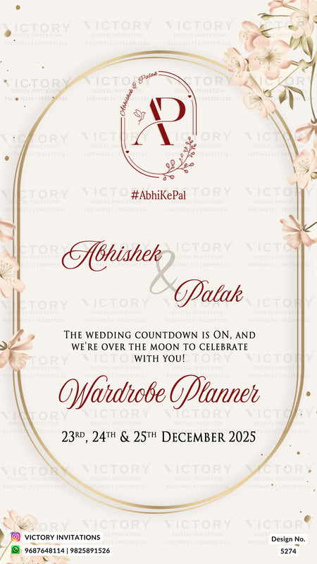 Wedding countdown card design for Abhishek and Palka, featuring elegant red script text, a gold oval border, floral corner accents, and a monogram logo at the top. The card includes event details for December 23rd, 24th, and 25th, 2025, with Victory Invitations branding at the bottom.
