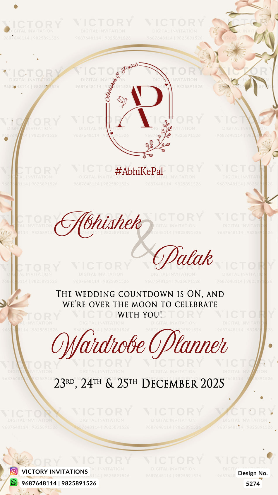 Wedding countdown card design for Abhishek and Palka, featuring elegant red script text, a gold oval border, floral corner accents, and a monogram logo at the top. The card includes event details for December 23rd, 24th, and 25th, 2025, with Victory Invitations branding at the bottom.