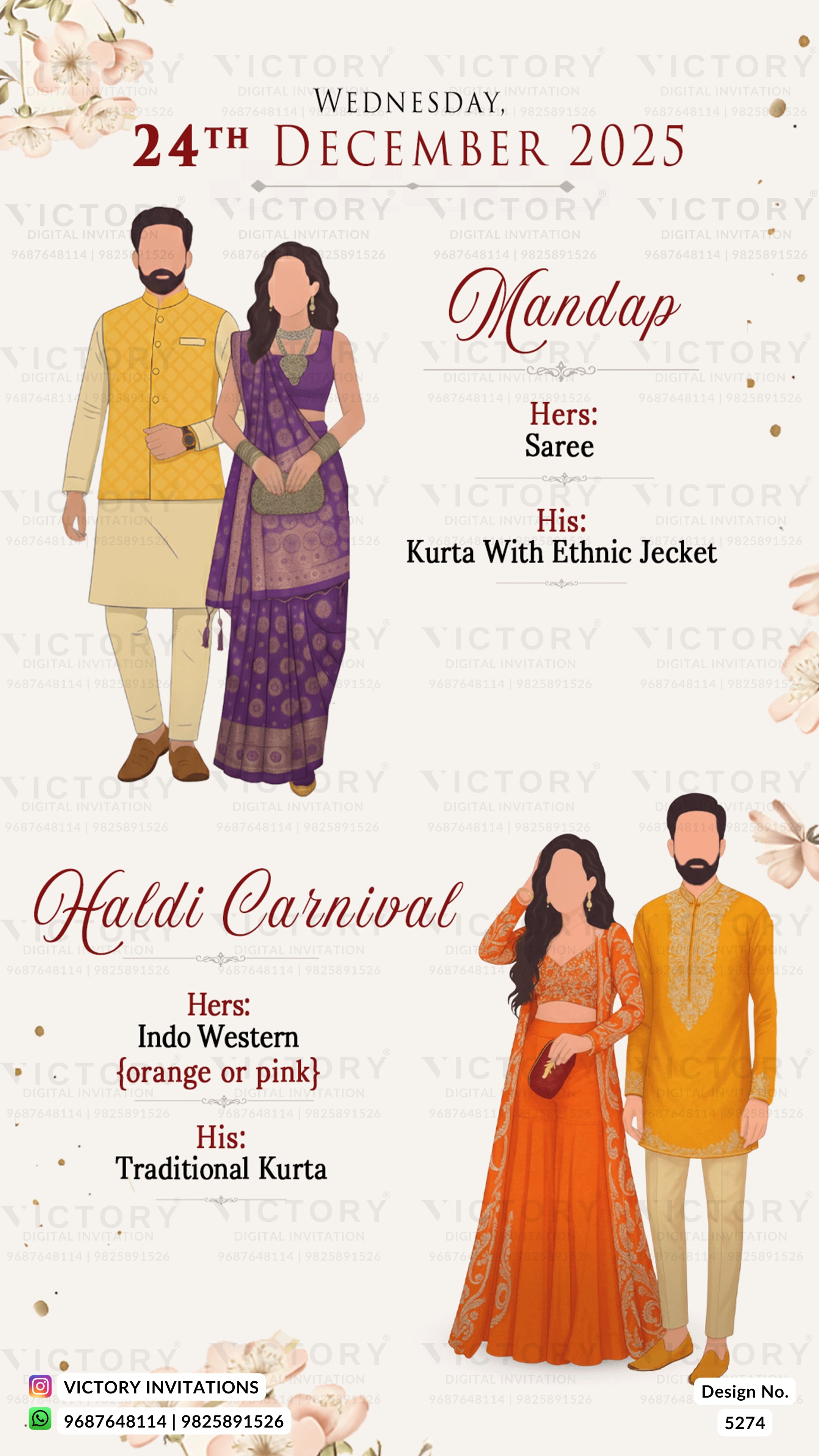 A wedding invitation card design for a Haldi Carnival event on Wednesday, 24th December 2025, featuring illustrated couple portraits and text specifying attire: a purple saree for the bride, an orange-and-pink indo-western kurta set for the groom, and a yellow kurta with beige trousers for another couple. The card includes Victory Invitations contact details and design number 5274.