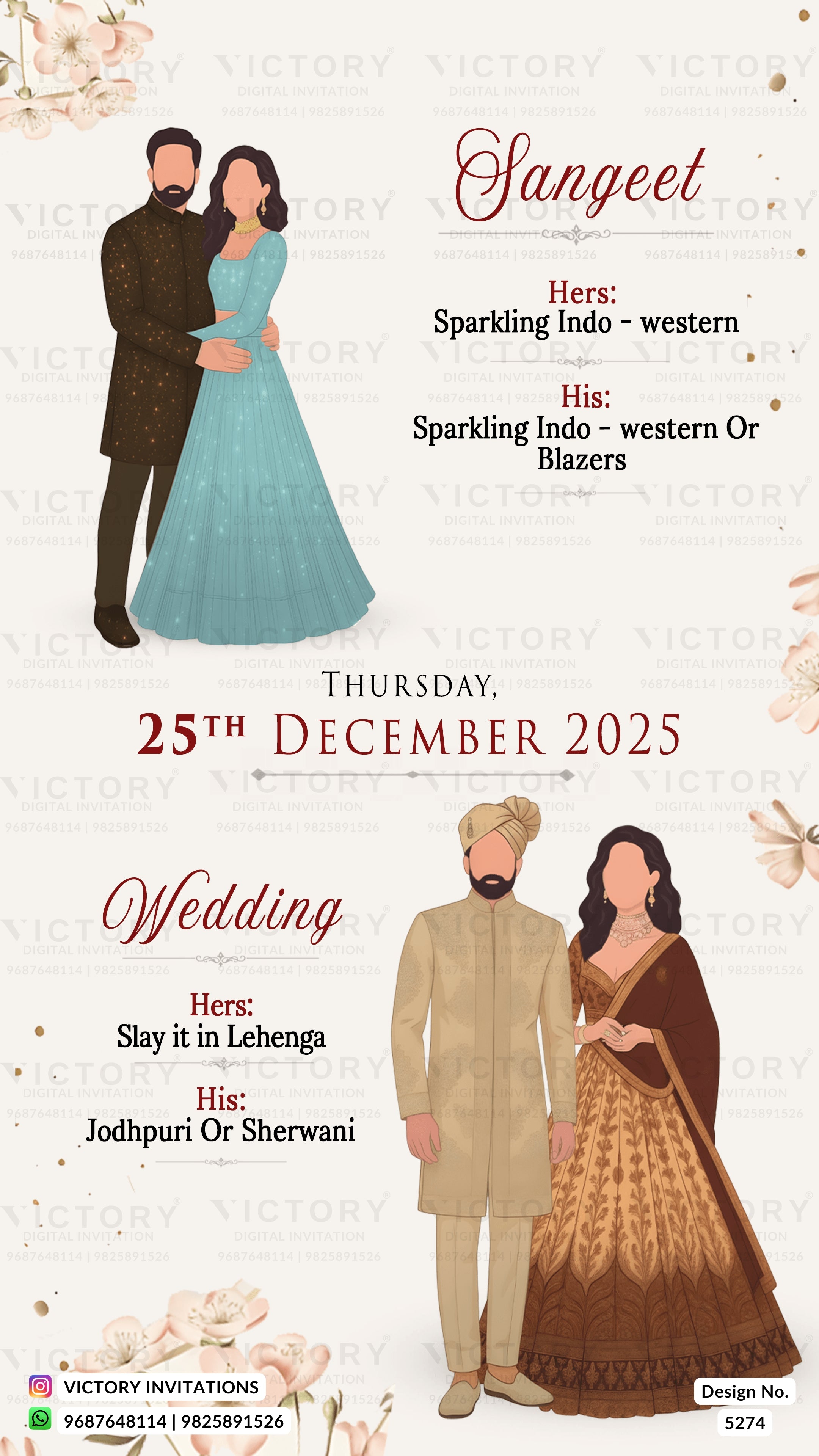 A wedding invitation card design featuring illustrated couples in traditional and western attire, with text placeholders for names, wedding details, and venue. The design uses a soft cream background with floral accents and elegant typography.