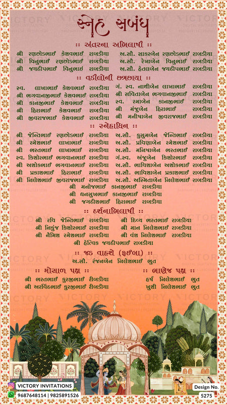 A decorative wedding invitation card featuring the Hindi text 'Sant Anand' in large red Devanagari script at the top, followed by multiple lines of smaller black text on a peach background. The card has ornate cream borders, a central illustration of a bride and groom standing before a temple, and a small 'Victory Invitations' logo at the bottom.