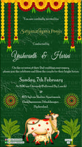 Satyanarayan Pooja Ceremony invitation card in english language with cow, marigold garland as traditional theme design 528