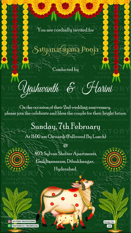 Satyanarayan Pooja Ceremony invitation card in english language with cow, marigold garland as traditional theme design 528