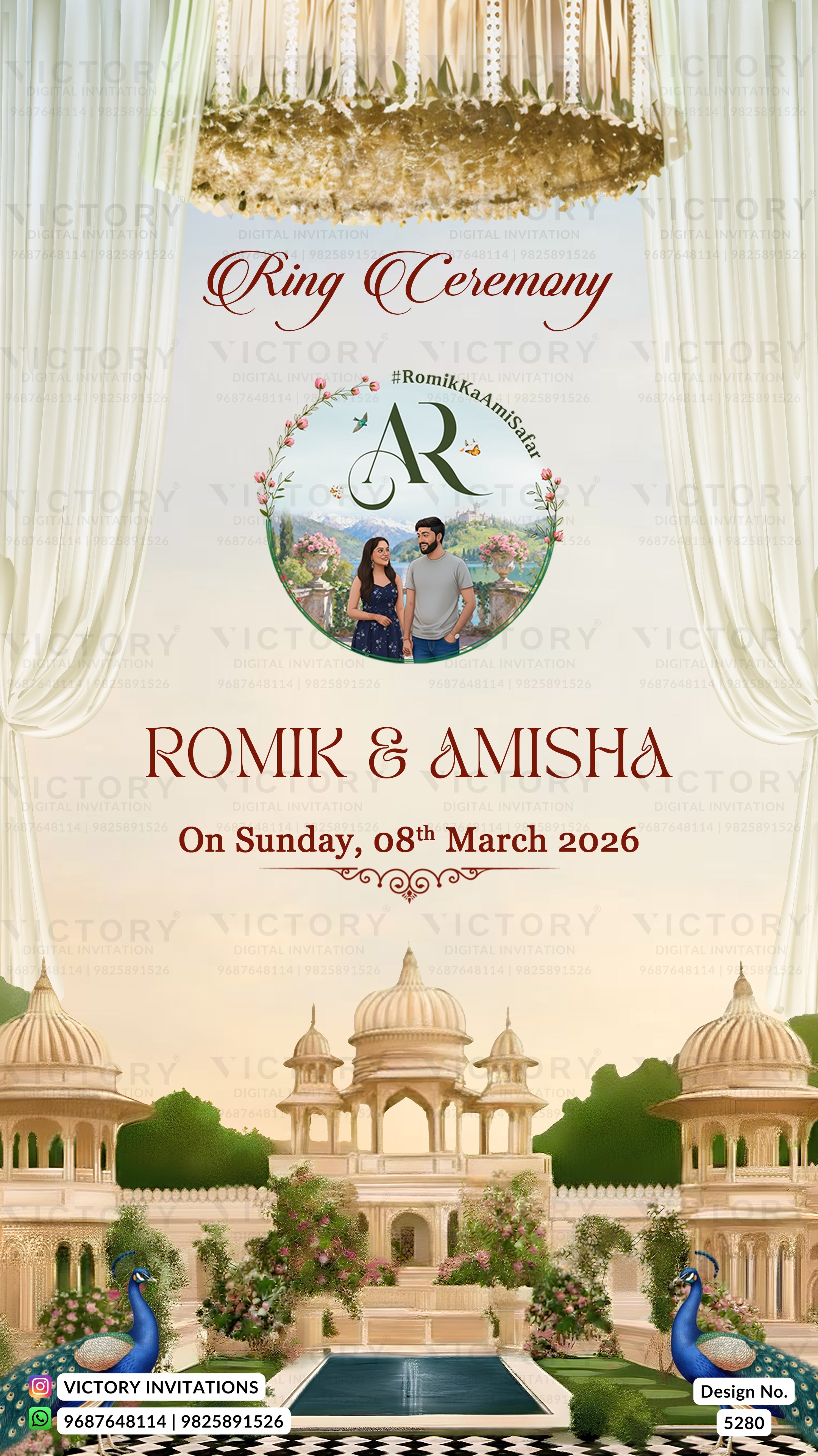 A wedding invitation card design for a royal Indian wedding, featuring a cream-colored background with elegant gold and white drapery at the top, a chandelier illustration, and a central circular photo frame of a couple. The bottom features a golden palace with domes, green trees, and peacocks.