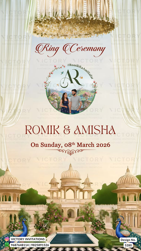 A wedding invitation card design for a royal Indian wedding, featuring a cream-colored background with elegant gold and white drapery at the top, a chandelier illustration, and a central circular photo frame of a couple. The bottom features a golden palace with domes, green trees, and peacocks.