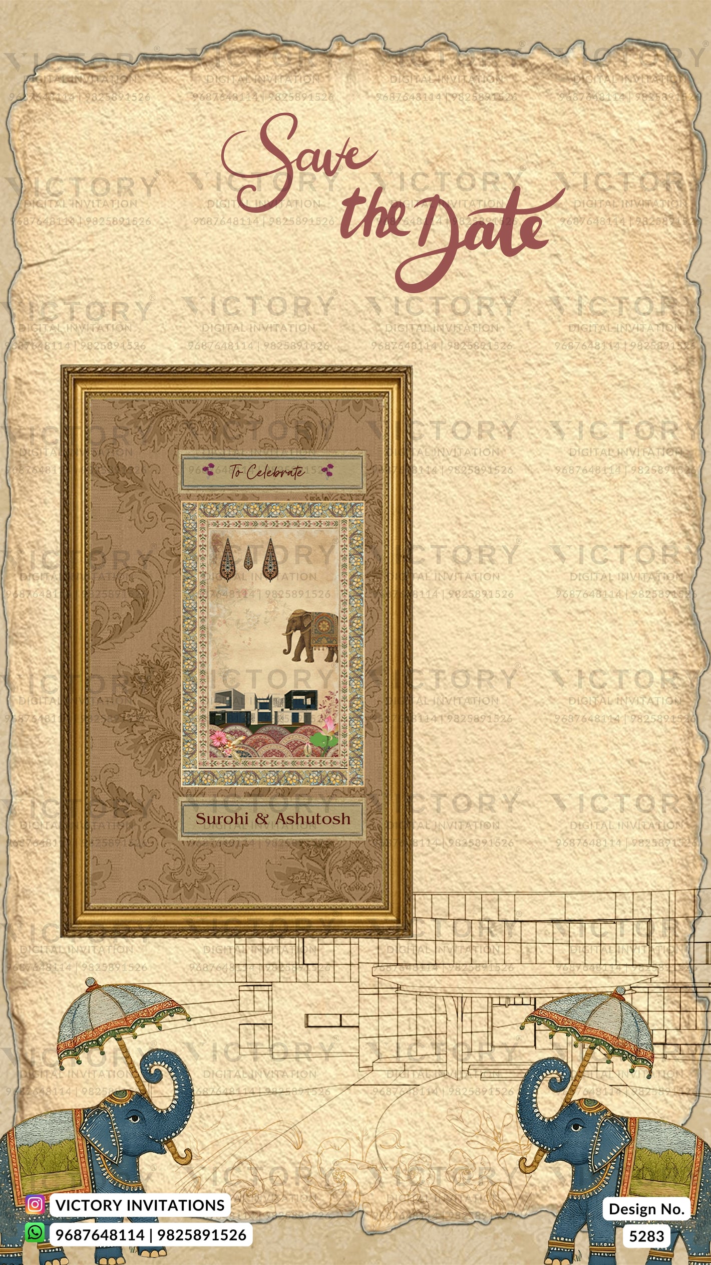 A decorative wedding save-the-date card design featuring a central framed illustration with an elephant, flowers, and the text 'Surobi & Ashuozadeh' beneath a 'Save the Date' heading. The card has a parchment-style border, faint repeated watermark text, and blue elephant figures holding umbrellas at the bottom corners.
