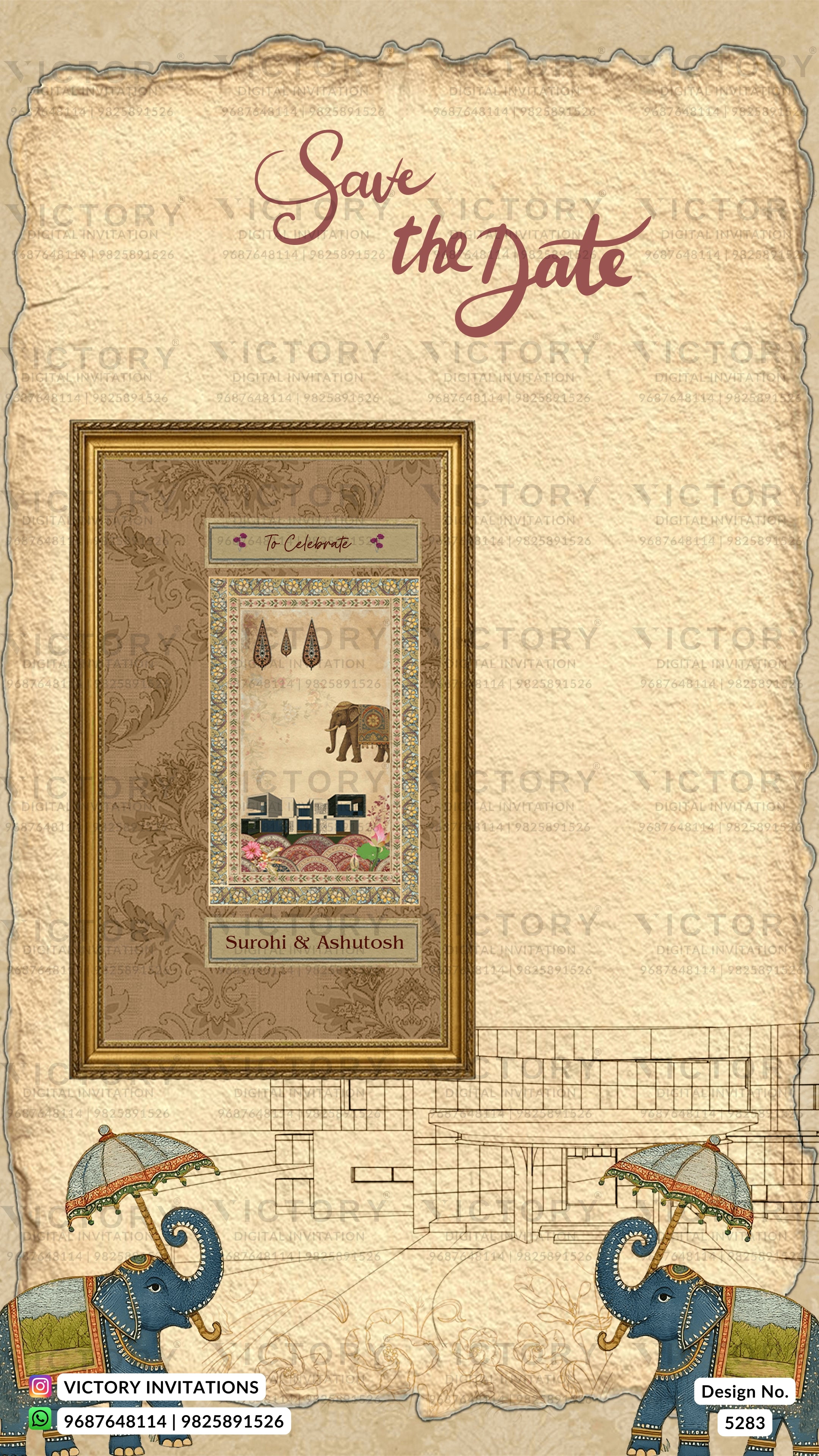 A decorative wedding save-the-date card design featuring a central framed illustration with an elephant, flowers, and the text 'Surobi & Ashuozadeh' beneath a 'Save the Date' heading. The card has a parchment-style border, faint repeated watermark text, and blue elephant figures holding umbrellas at the bottom corners.