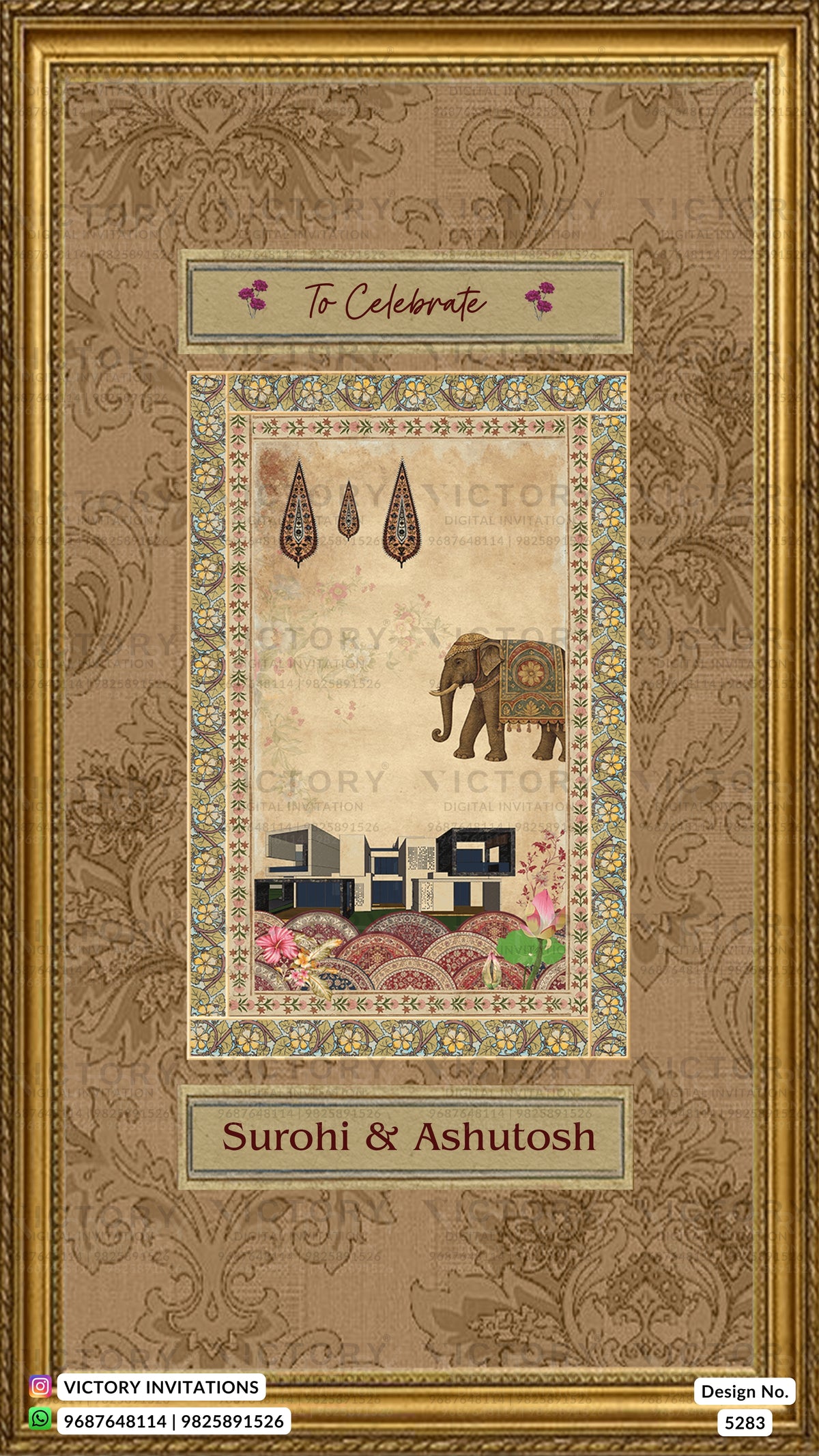 A framed decorative invitation card with an ornate gold border and a central illustrated scene featuring an elephant, hanging lanterns, and small buildings. Text on the card reads 'To Celebrate' and 'Surohi & Ashutosh.