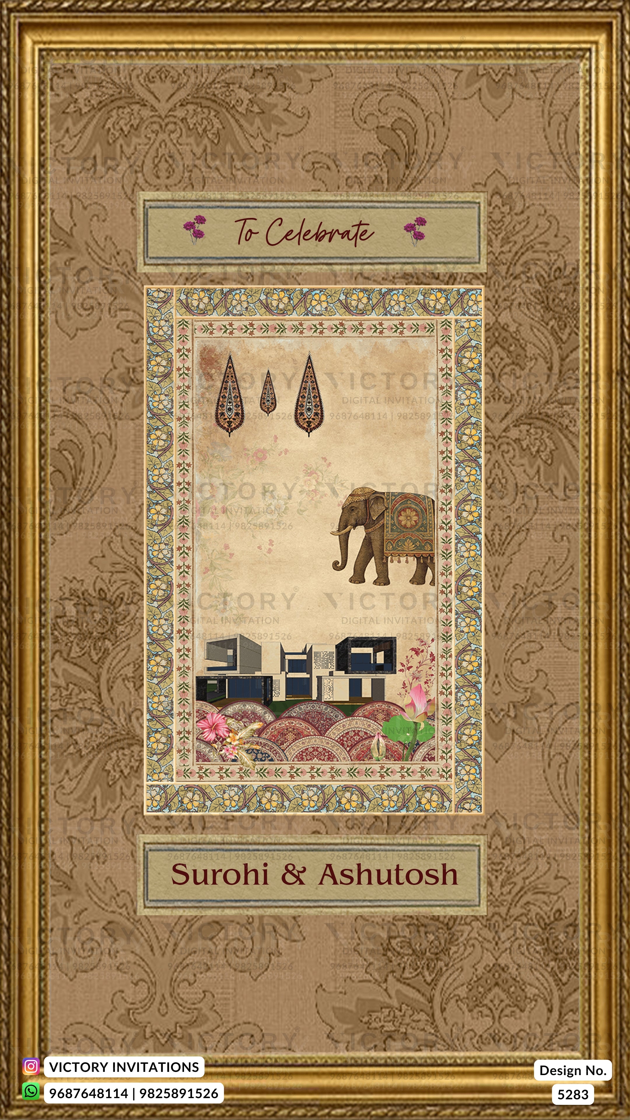 A framed decorative invitation card with an ornate gold border and a central illustrated scene featuring an elephant, hanging lanterns, and small buildings. Text on the card reads 'To Celebrate' and 'Surohi & Ashutosh.