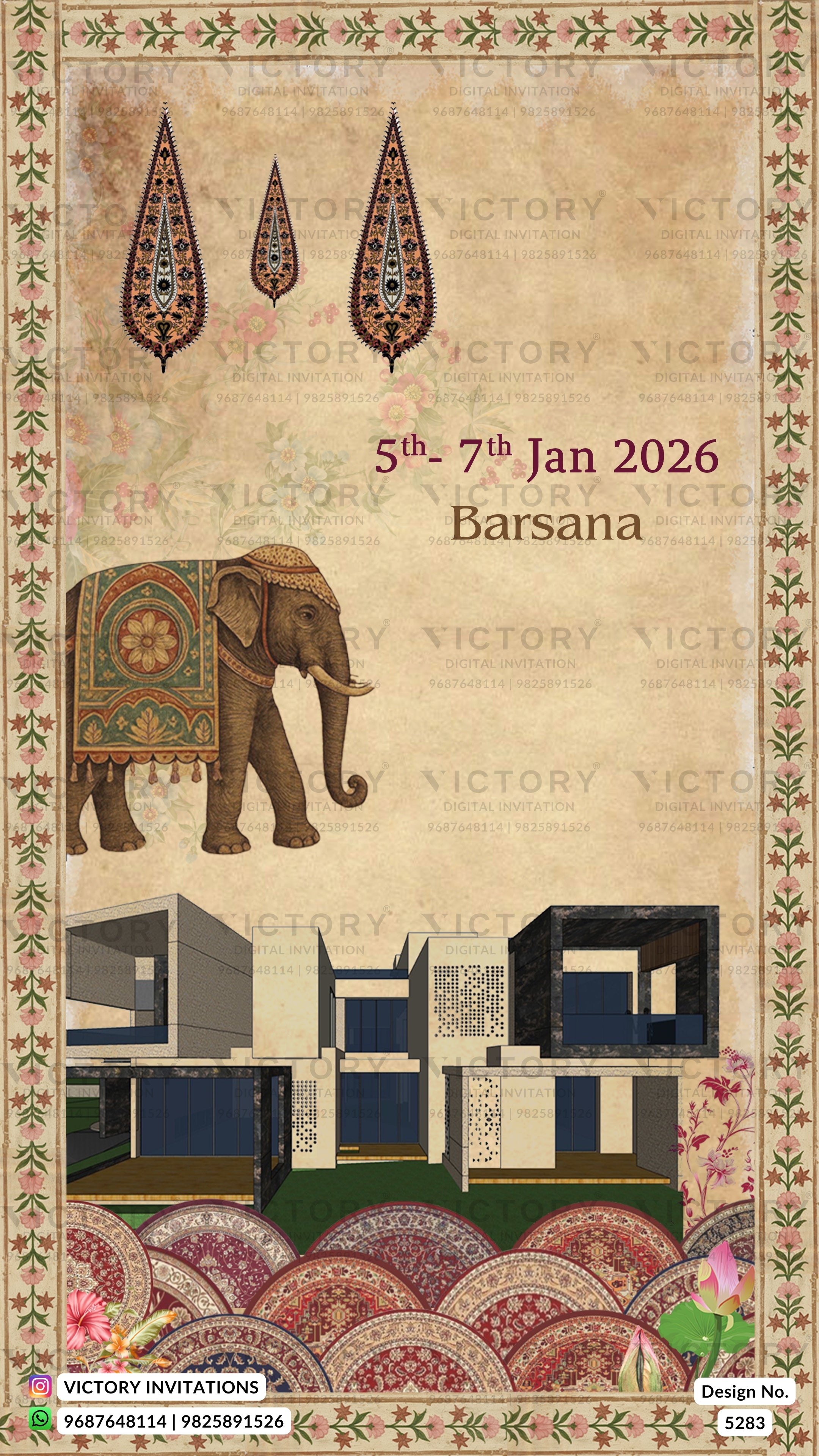 A decorative event invitation card for an event in Barsana on 5th-7th Jan 2026, featuring a vintage-style beige background, a decorated elephant, ornate hanging motifs, a row of modern house renderings, and patterned carpet designs. The brand name 'VICTORY INVITATIONS' is visible at the bottom.