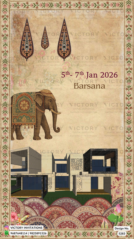 A decorative event invitation card for an event in Barsana on 5th-7th Jan 2026, featuring a vintage-style beige background, a decorated elephant, ornate hanging motifs, a row of modern house renderings, and patterned carpet designs. The brand name 'VICTORY INVITATIONS' is visible at the bottom.