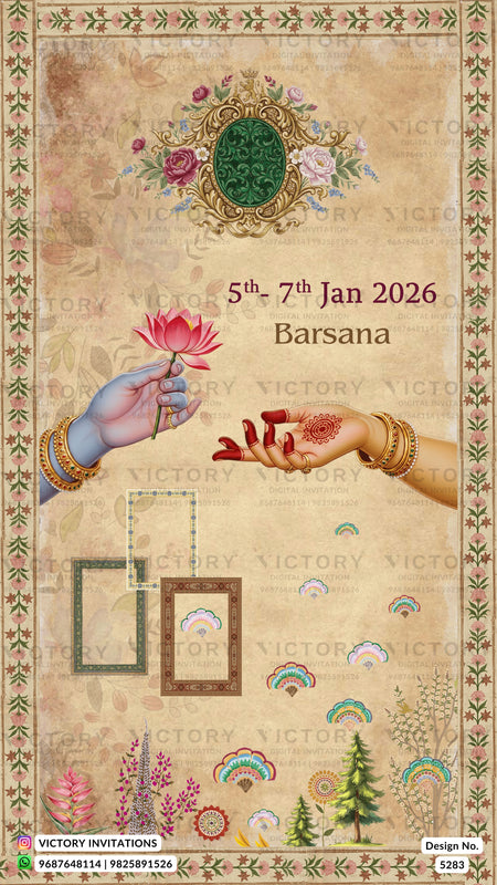 A decorative digital invitation card for a Barsana wedding, dated 5th-7th Jan 2026. The design features a vintage beige parchment background with a green oval medallion at the top, a pink lotus flower held by two illustrated hands with henna, and various colorful floral and mountain illustrations.