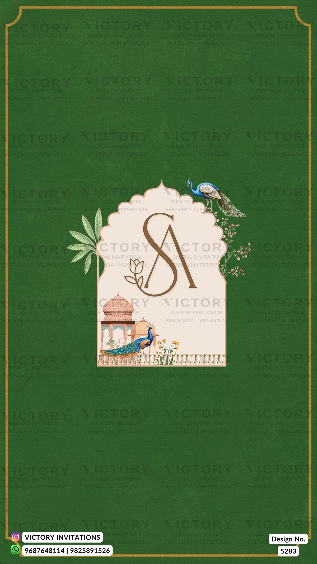 A green invitation card design with a central cream-colored arched panel featuring a large stylized 'SA' monogram, decorative floral elements, a small building illustration, and peacock birds. The card has a gold border and a repeated 'VICTORY' watermark across the background.