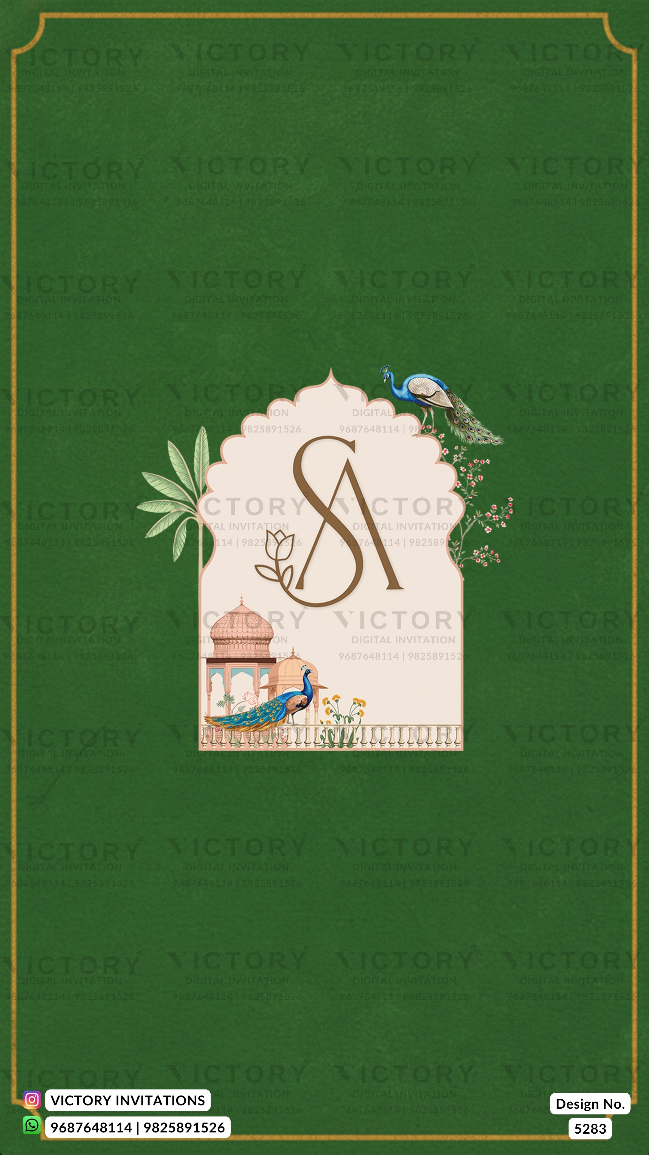 A green invitation card design with a central cream-colored arched panel featuring a large stylized 'SA' monogram, decorative floral elements, a small building illustration, and peacock birds. The card has a gold border and a repeated 'VICTORY' watermark across the background.