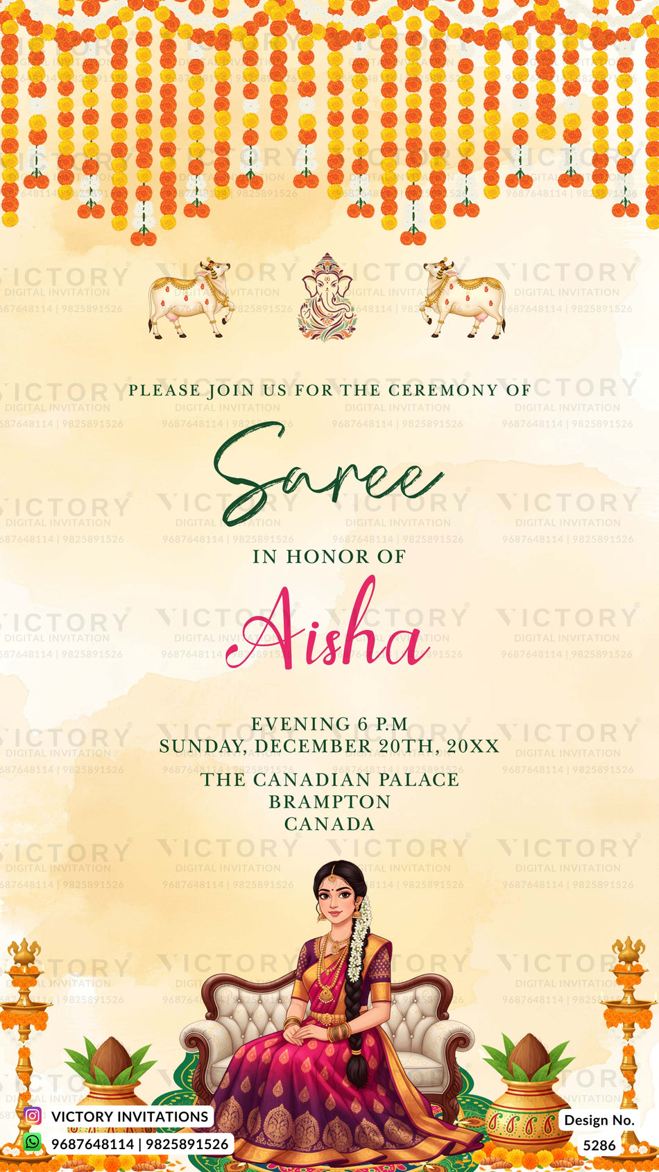 Half Saree ceremony invitation card in  english language with Royal South Indian theme design 5286