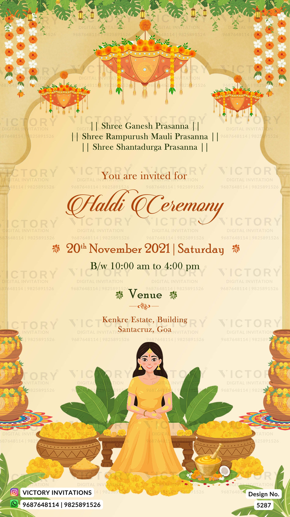 A festive Haldi ceremony invitation card design with a cream background, orange and yellow decorative arches, hanging lanterns, marigold garlands, and cartoon illustrations of a woman in a yellow dress surrounded by pots of turmeric and flowers. Text details the event, date, time, and venue.