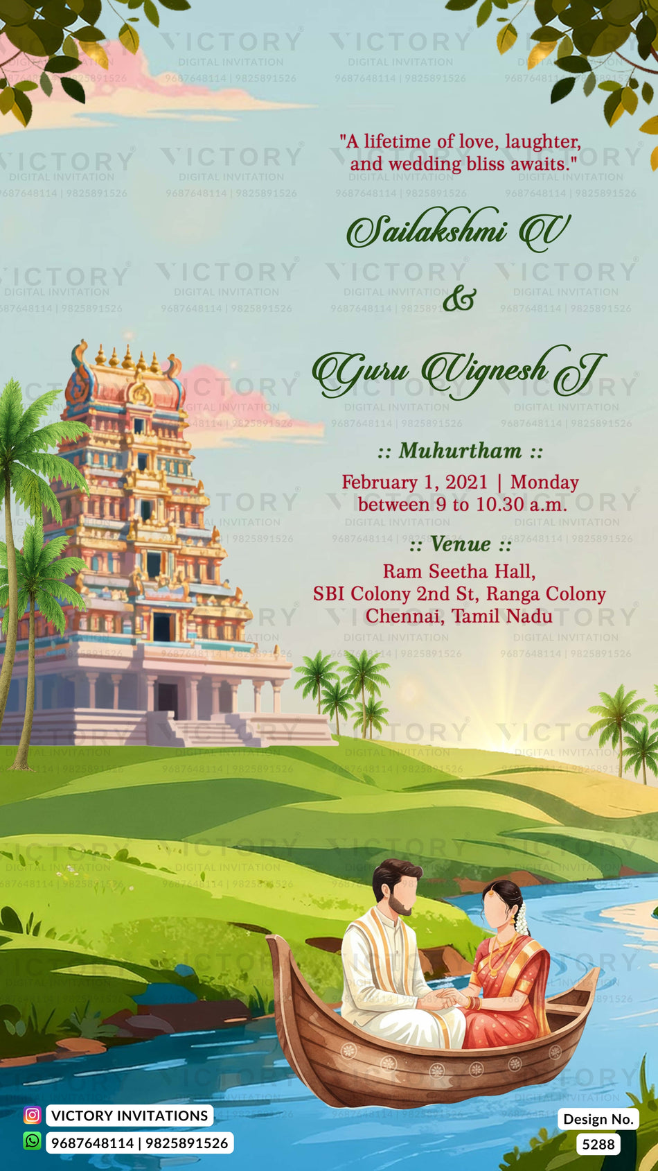 A colorful wedding invitation card featuring an illustrated Indian landscape with a golden temple, palm trees, a river, and a couple in a boat. Text includes names Sakalshmi U and Guru Vignesh J, event details, and Victory Invitations branding.