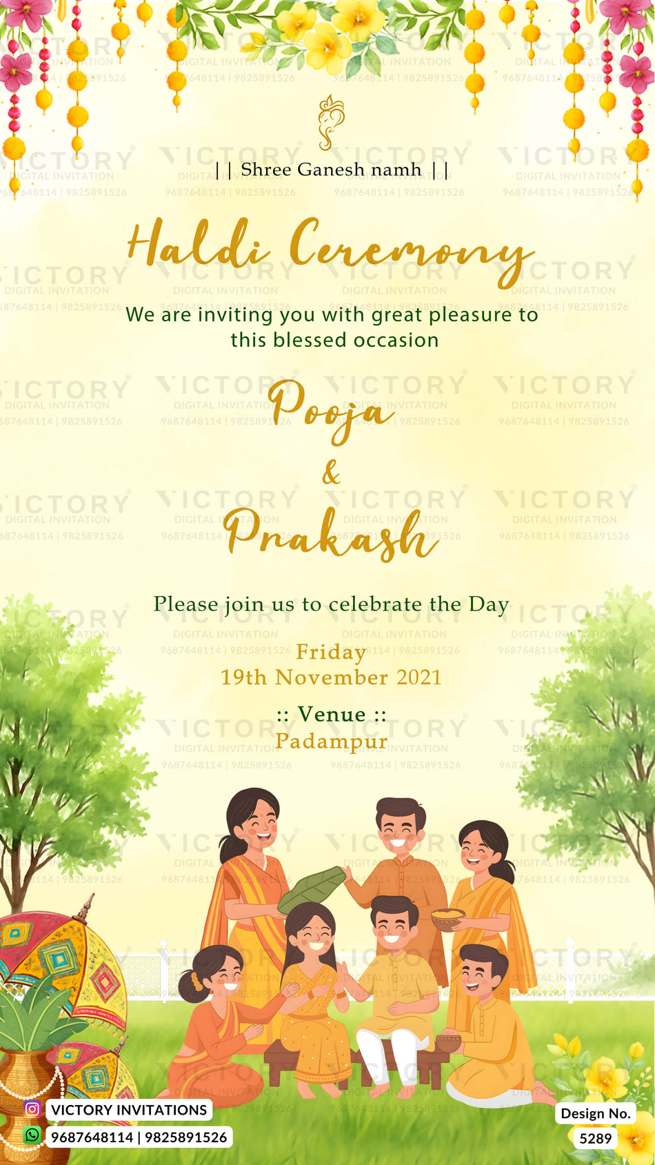 A festive Haldi Ceremony invitation card with a light cream background, decorated with hanging marigold garlands at the top and a painted illustration of a family in traditional Indian attire at the bottom. The text reads 'Haldi Ceremony' and includes names 'Poja & Prakash' and the date '19th November 2021'.