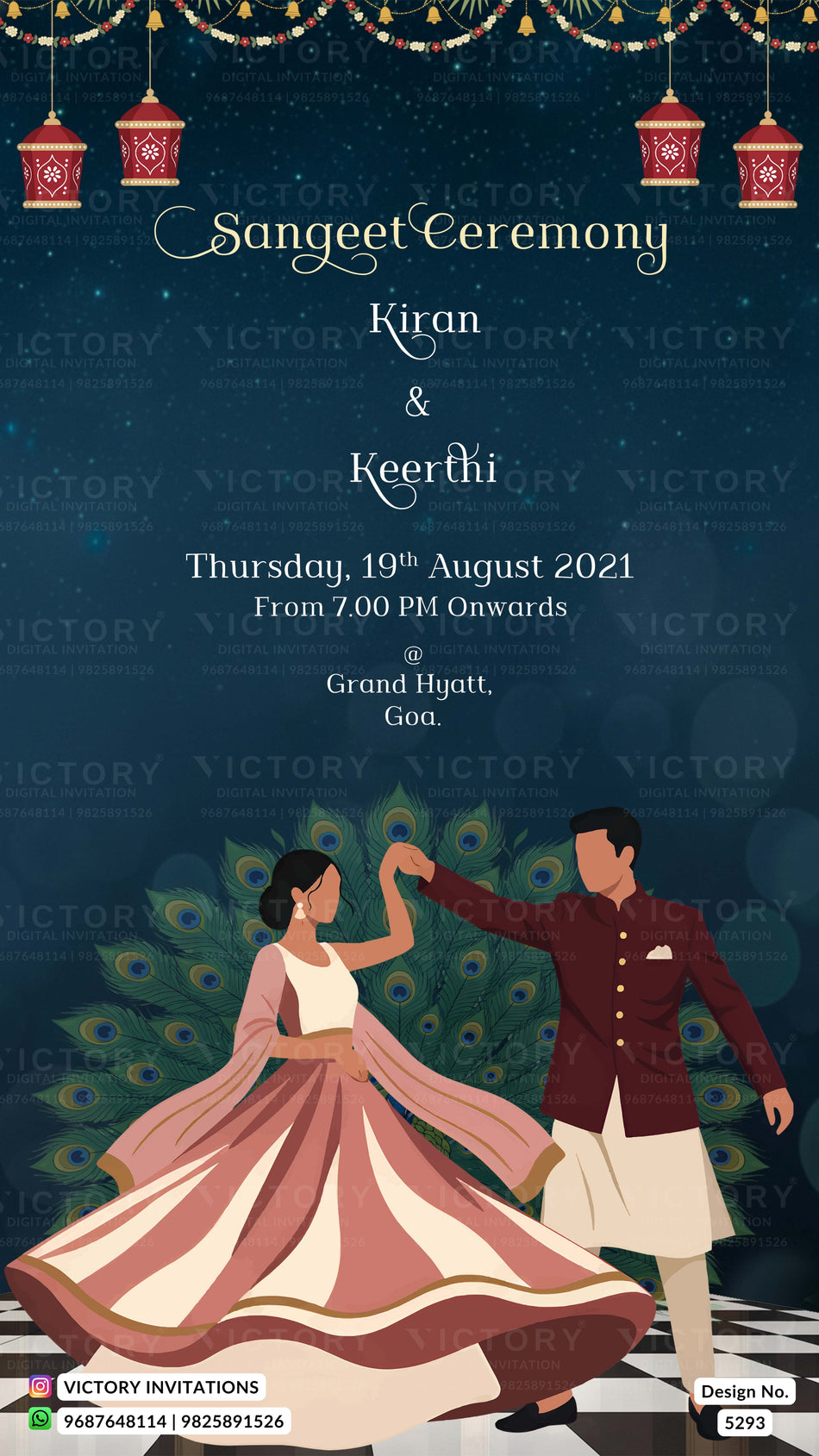 A digital invitation card for a Sangeet Ceremony, featuring a dark blue background with hanging red lanterns, peacock feather patterns, and an illustration of a couple in traditional Indian attire dancing. The text details the event date, time, and location.
