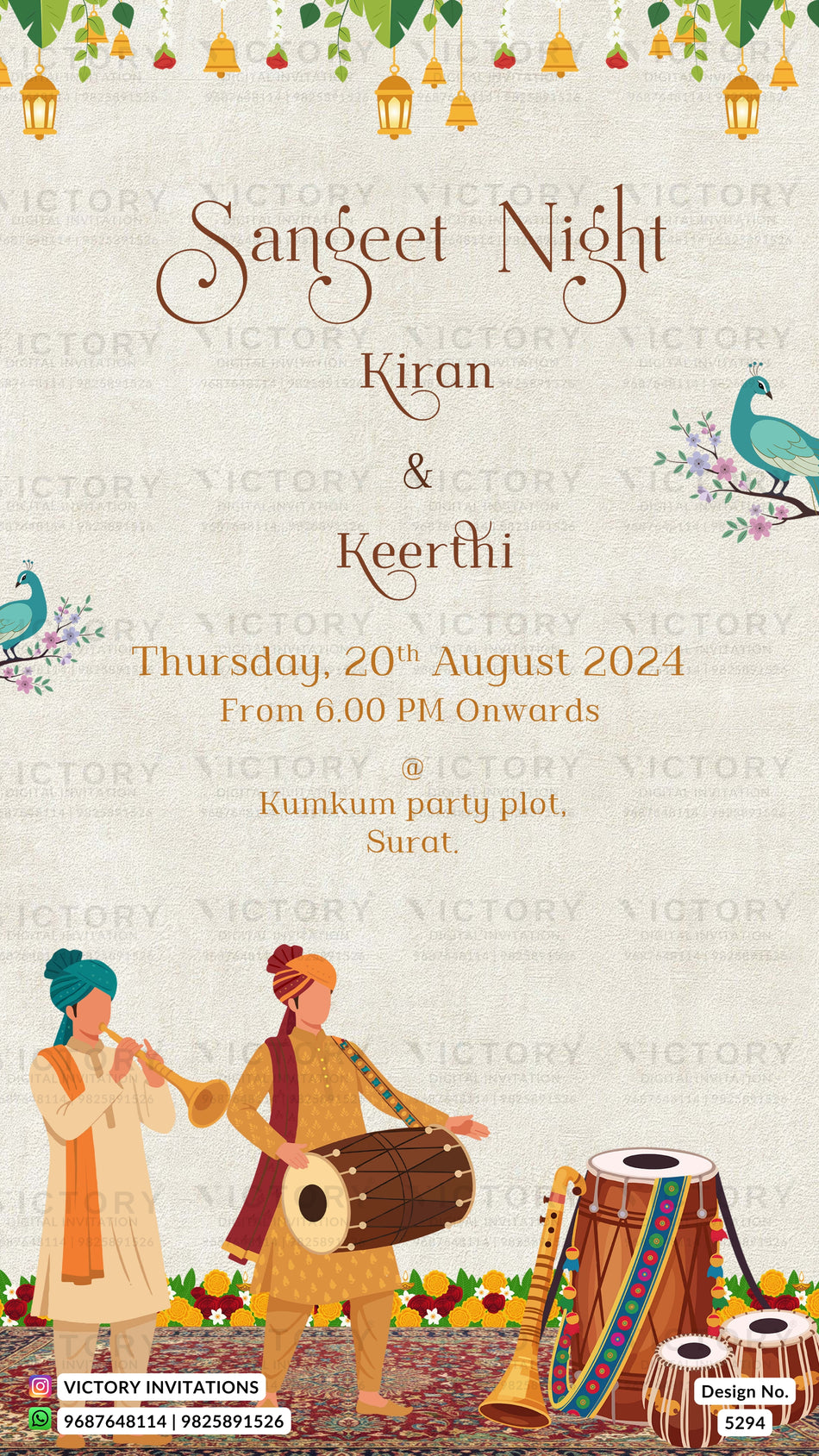 A festive wedding invitation card design for 'Sangeet Night' featuring traditional Indian elements, including musicians playing flute and dholak, a drum, hanging lanterns, and birds on a textured cream background with 'VICTORY' watermarks.