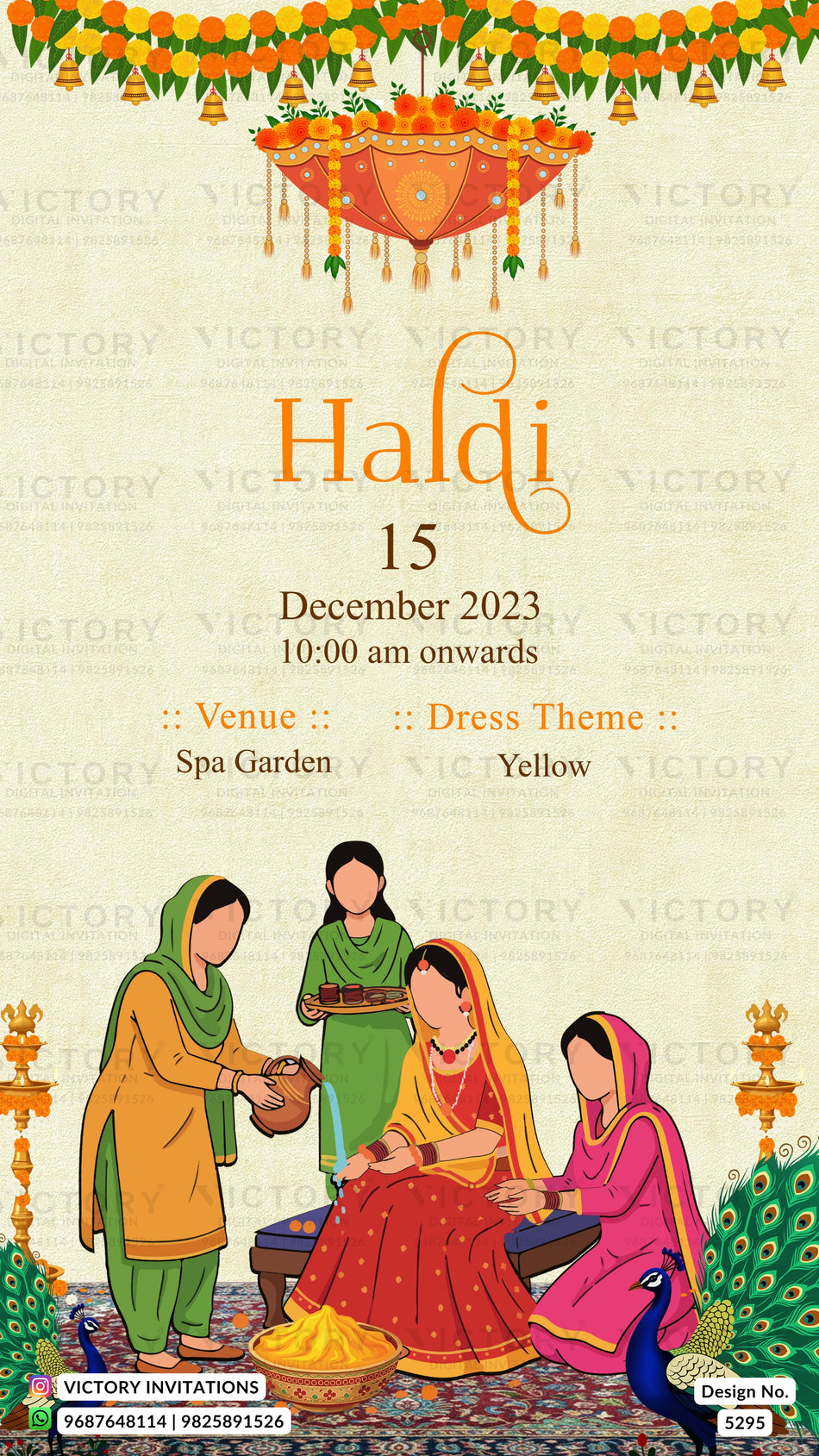 A festive Haldi invitation card design with a cream background, orange decorative garland and lantern at the top, event text in the center, and an illustrated scene of four women in colorful traditional clothing at the bottom. The card includes repeated faint 'VICTORY' watermarks and small contact details at the bottom.